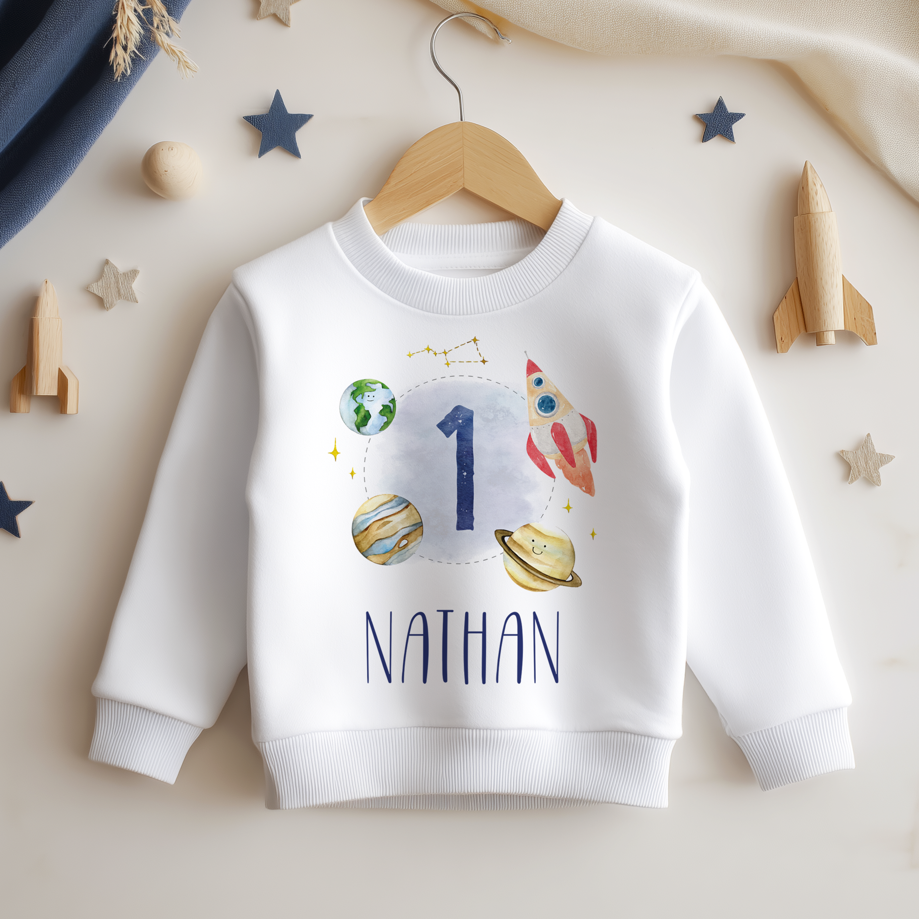 Personalised Name Kids Jumper 1st Birthday Space Rocket Planet Saturn Stars Constellation for Toddler Gift