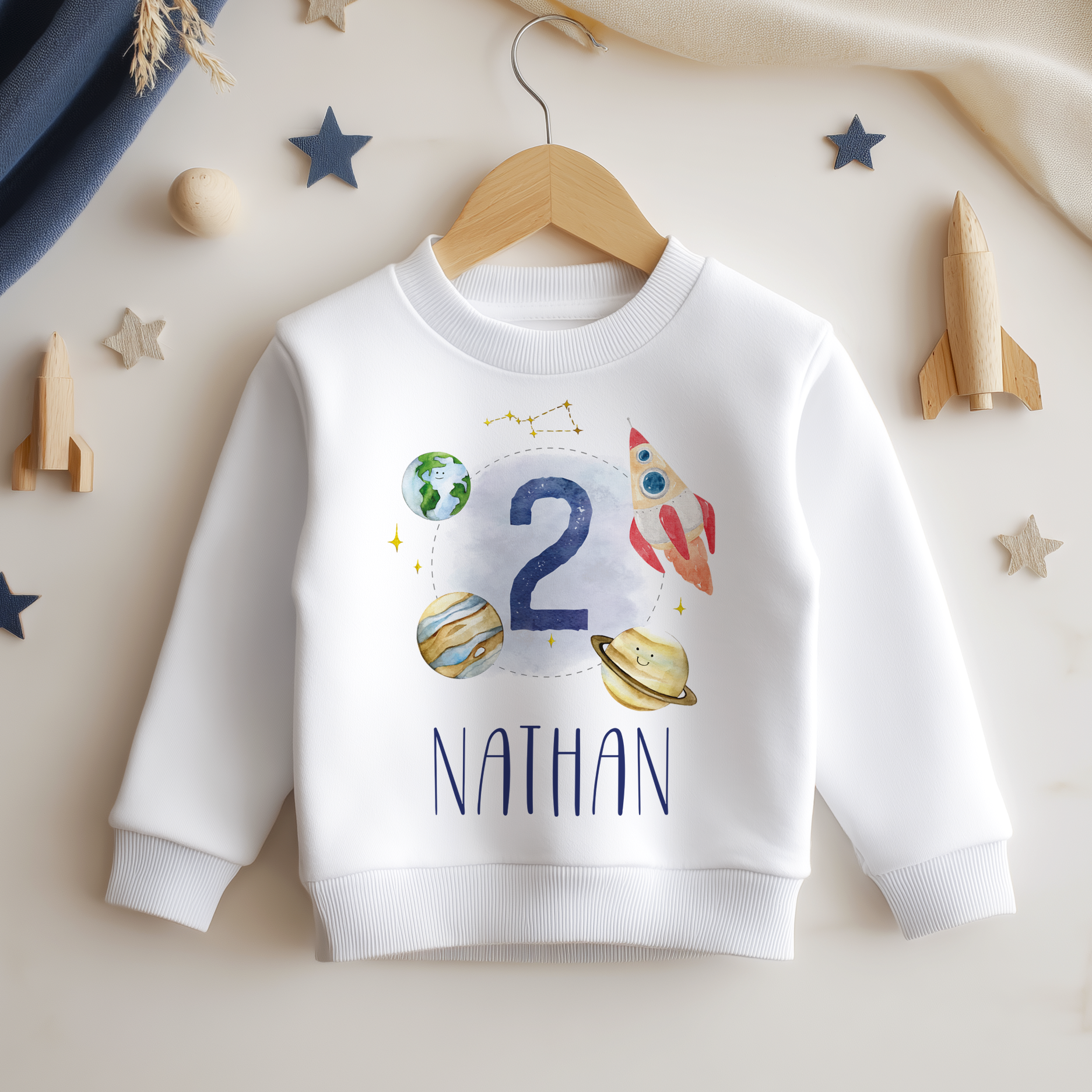 Personalised Name Kids Jumper 2nd Birthday Space Rocket Planet Earth Saturn Stars Constellations for Toddler Gift