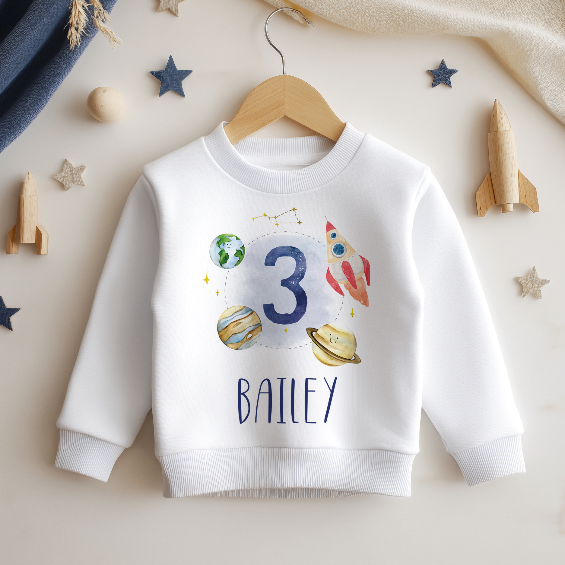 Personalised Name Kids Jumper 3rd Birthday Space Rocket Planet Earth Saturn Stars Constellation for Toddler Gift