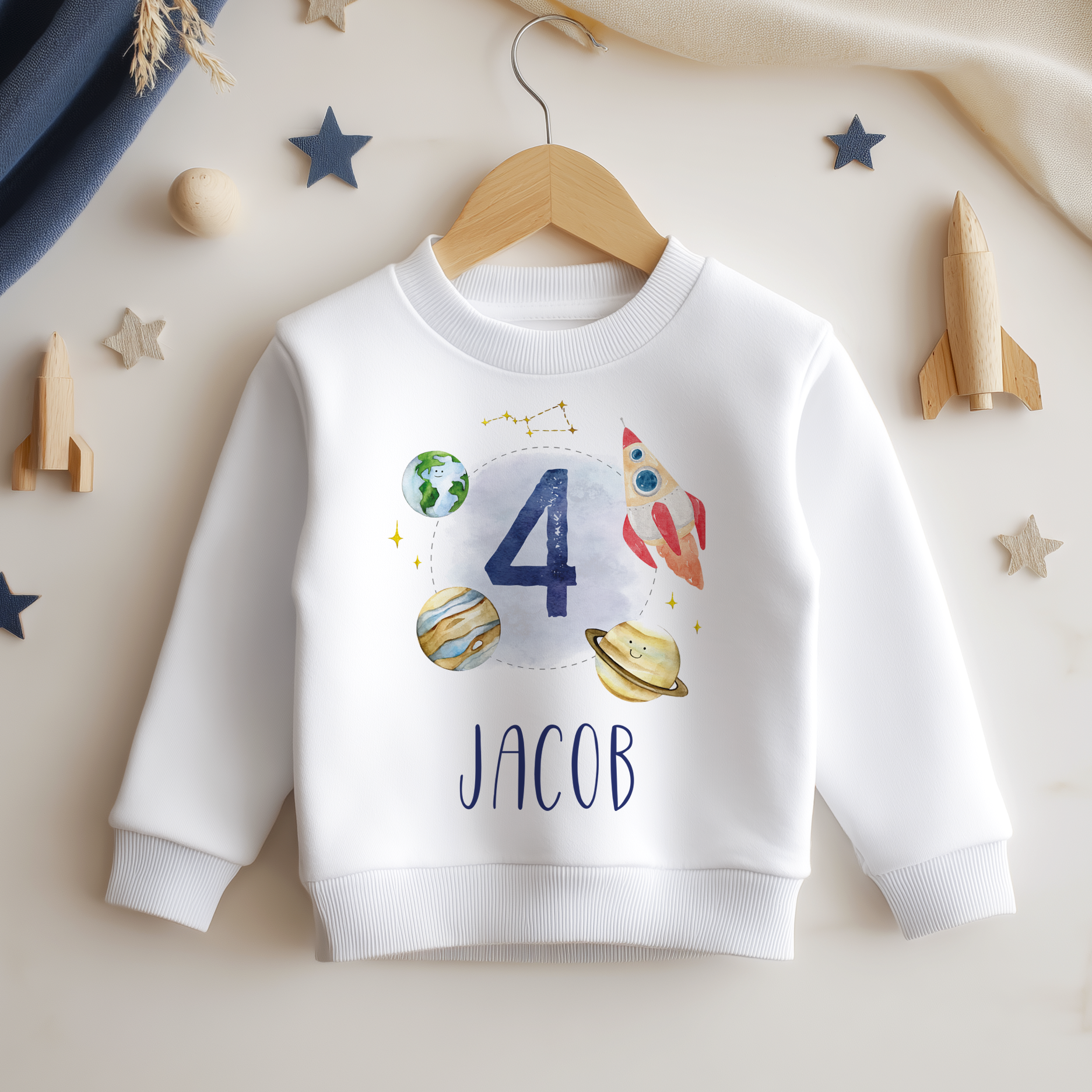 Personalised Name Kids Jumper 4th Birthday Space Rocket Planet Earth Saturn Stars Constellation Gift Idea