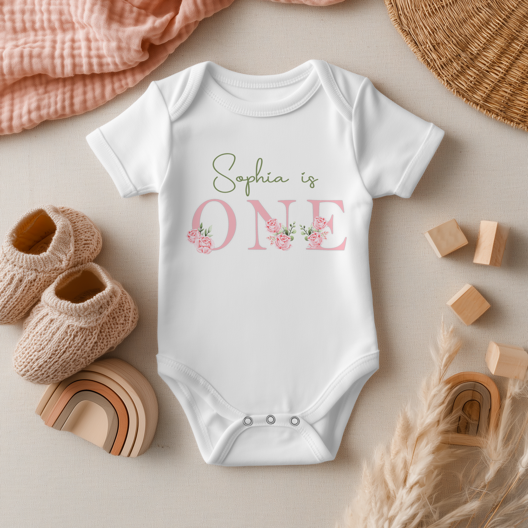 Personalised Name Baby Bodysuit 1st Birthday Pink Roses Floral Script Lettering for Newborn Shower Gift