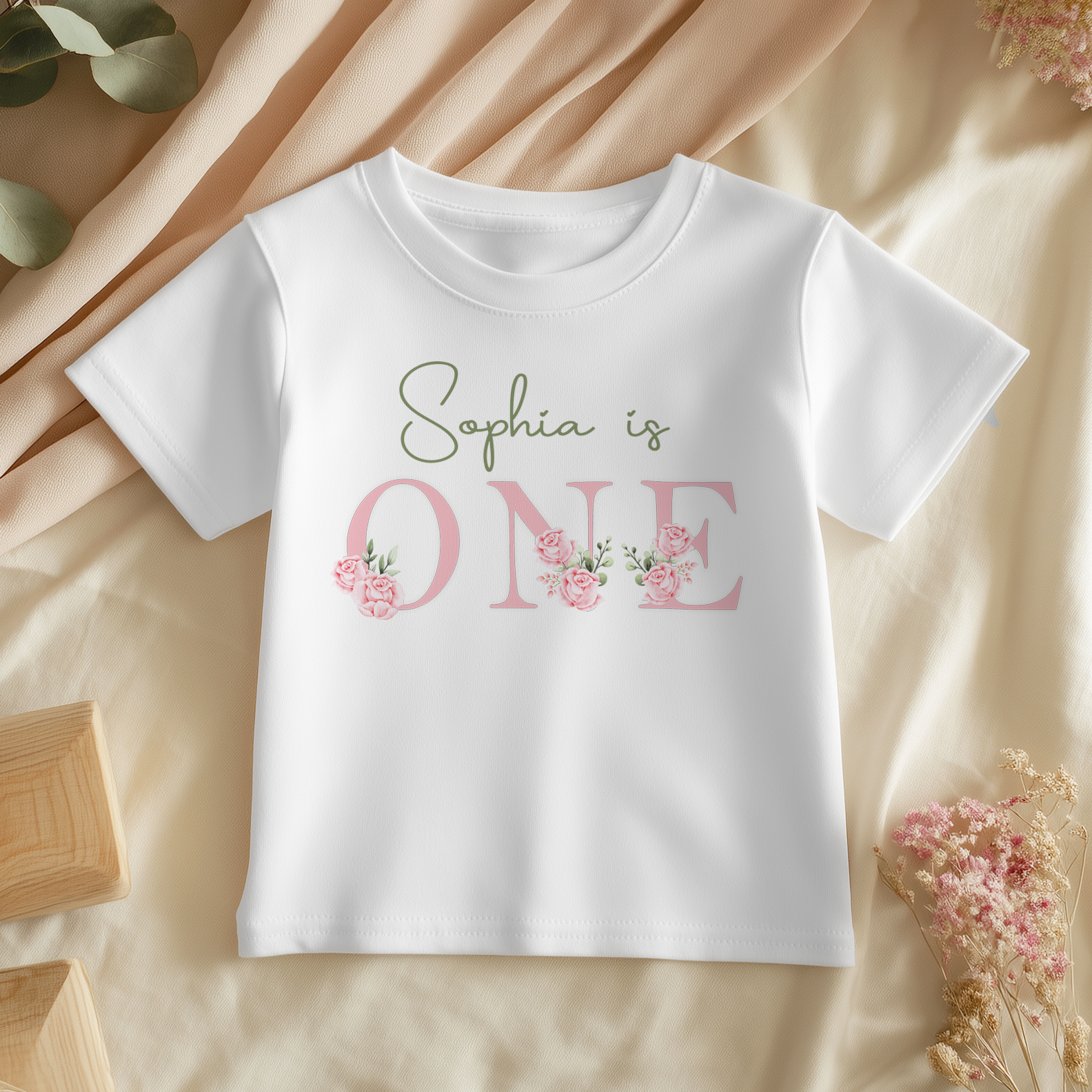 1st Birthday Pink Floral Theme Personalised Toddler & Kids T Shirt
