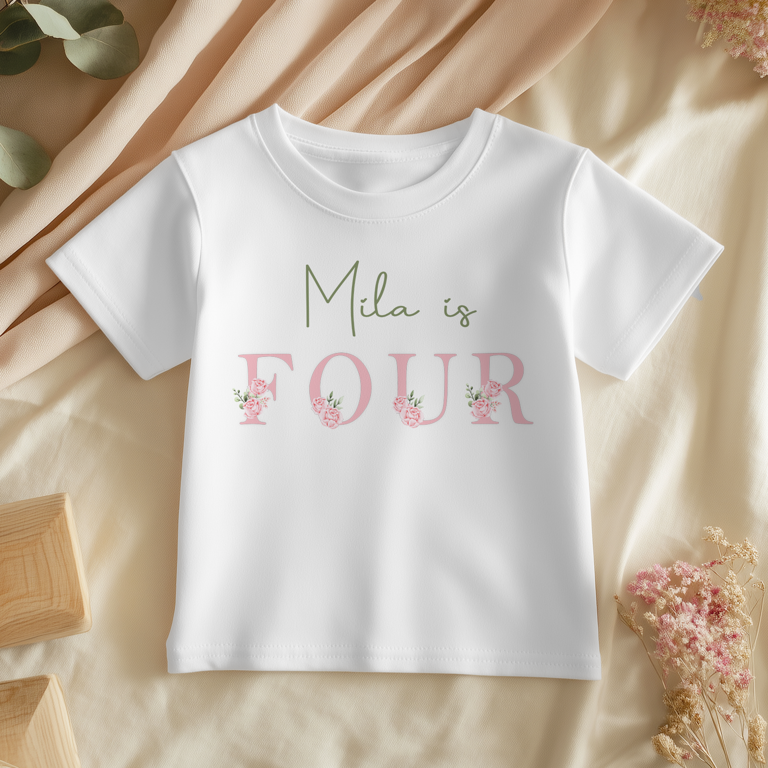 4th Birthday Pink Floral Theme Personalised Kids T Shirt