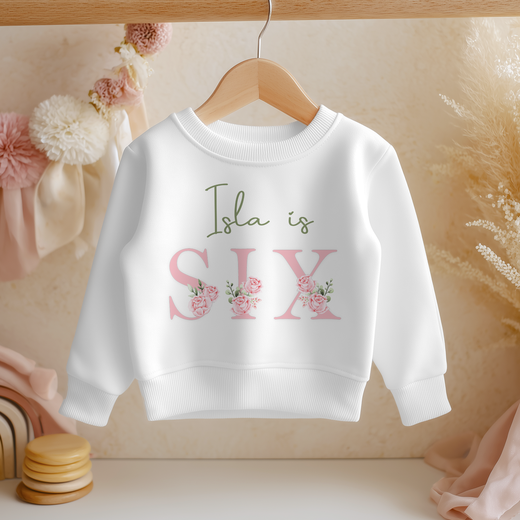 Personalised 6th Birthday Pink Floral Number Six Sweatshirt for Girls