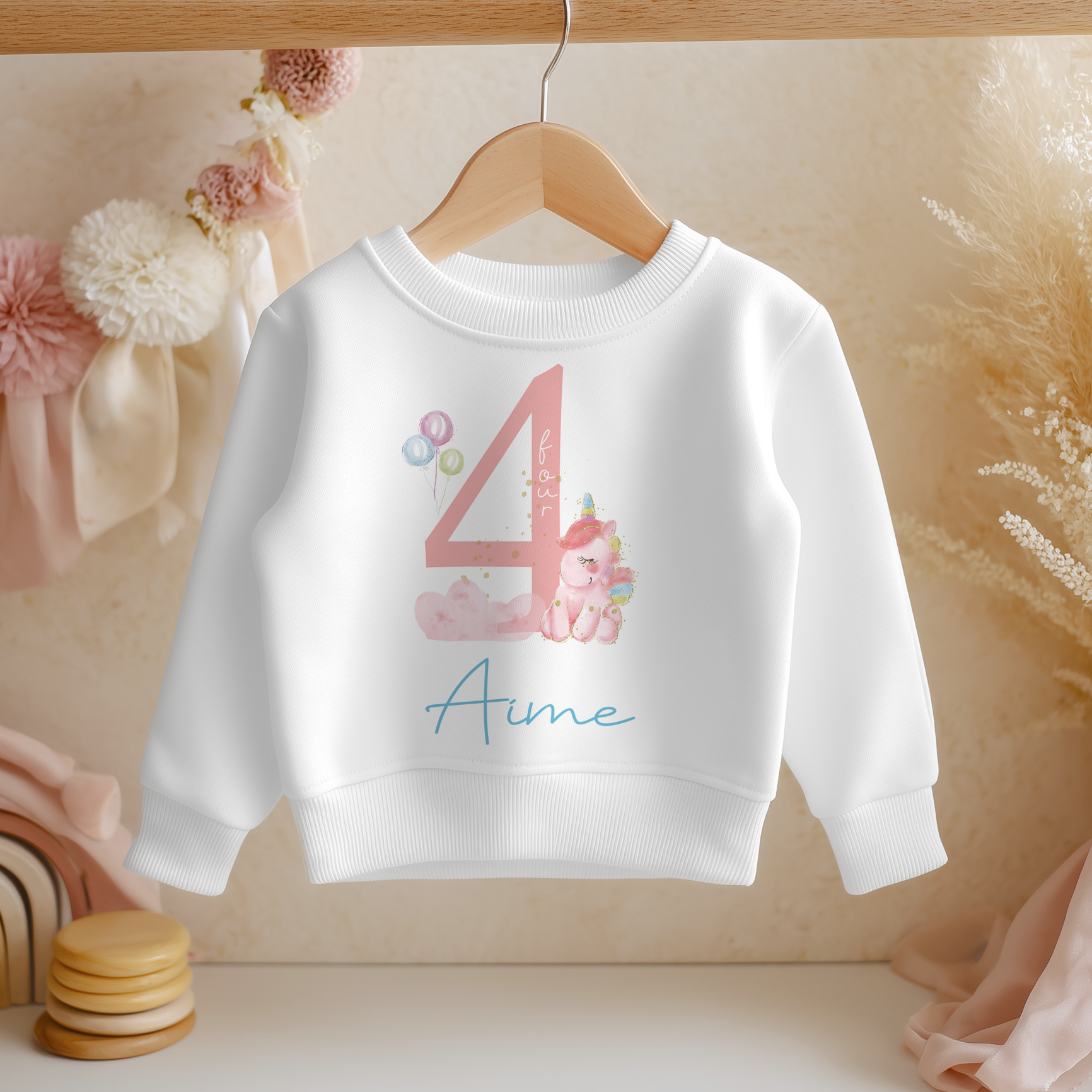 Personalised Name Girls Jumper 4th Birthday Unicorn Balloons Flowers Sparkle for Kids Gift