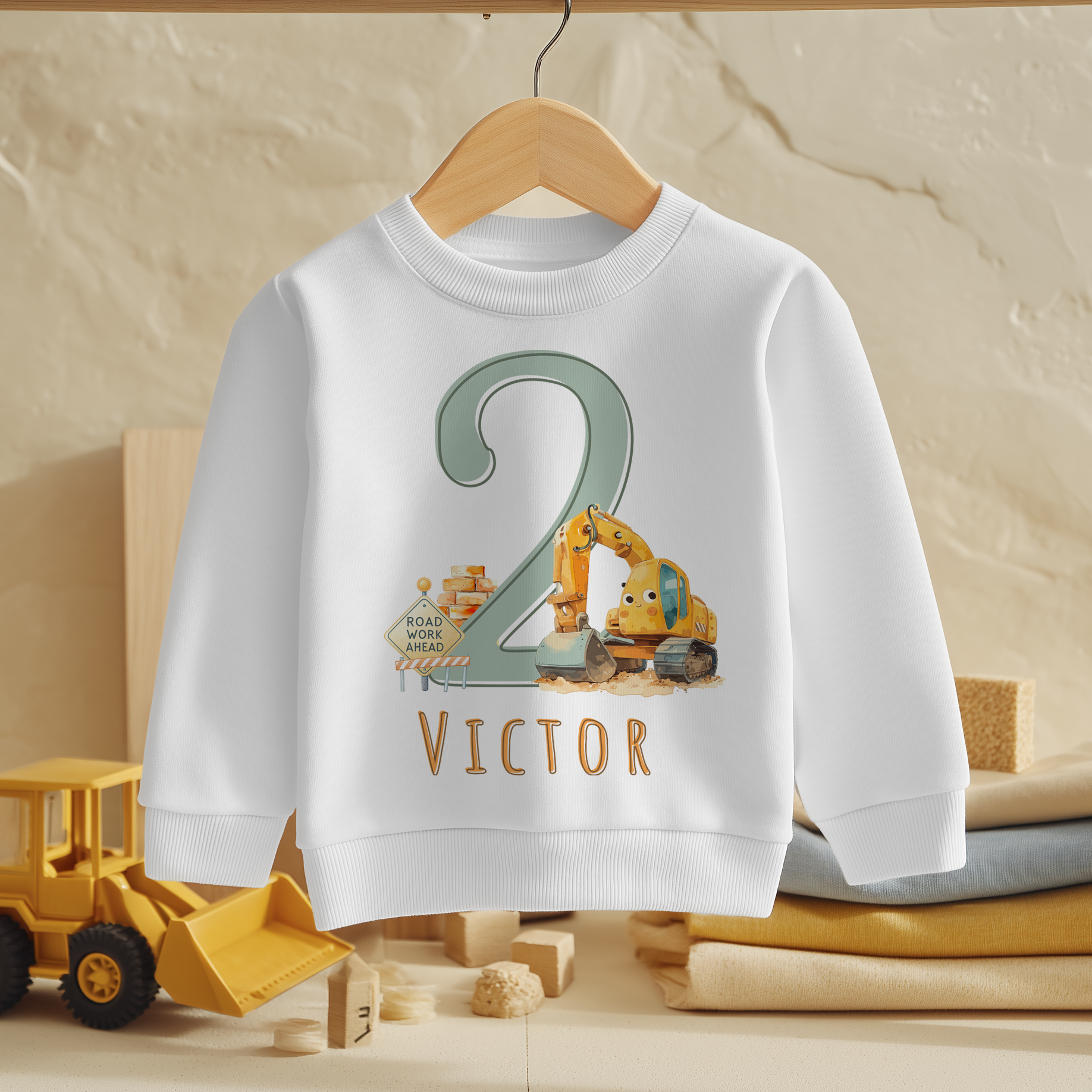 Personalised Name Boys Jumper 2nd Birthday Digger Excavator Road Work Sign Yellow Construction for Kids Gift