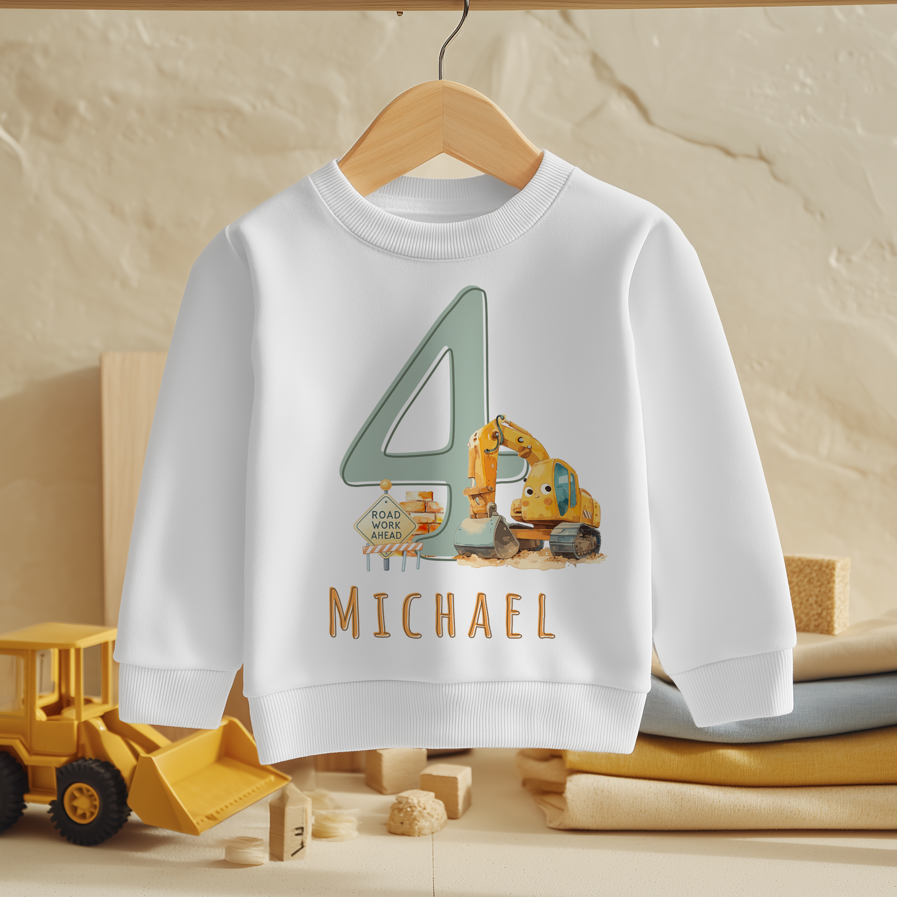 Personalised Name Kids Jumper 4th Birthday Digger Construction Work Ahead Yellow Gift