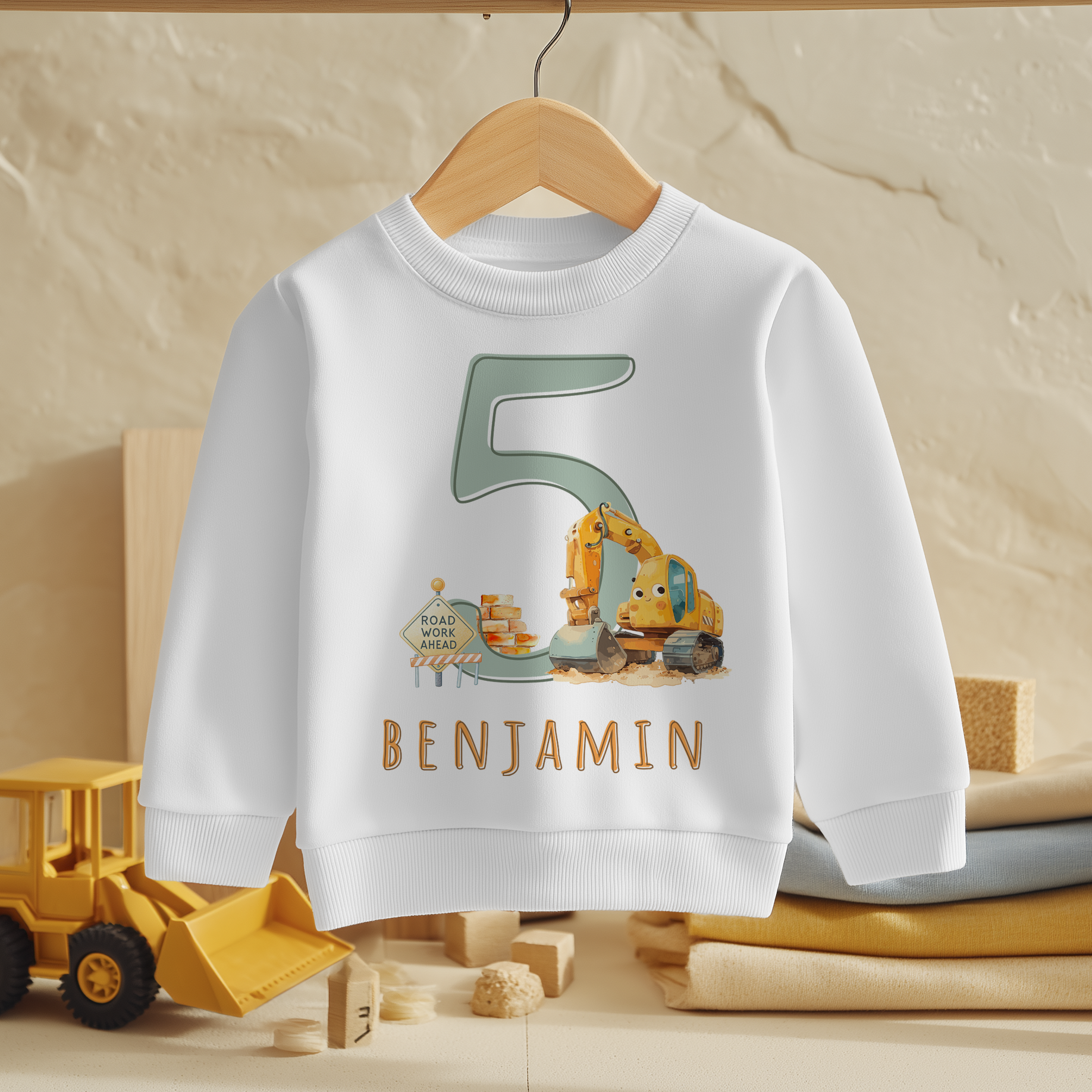 Personalised 5th Birthday Yellow Digger Construction Sweatshirt for Boys
