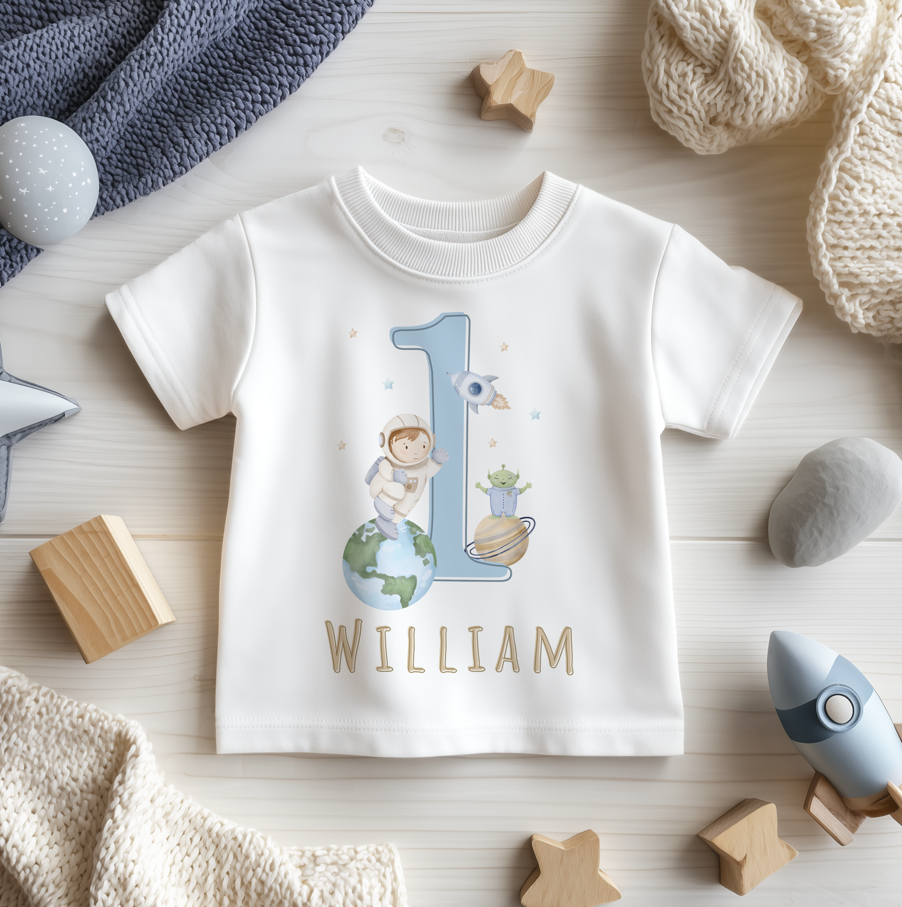 1st Birthday Astronaut Galaxy Rocket Personalised Toddler & Kids T Shirt