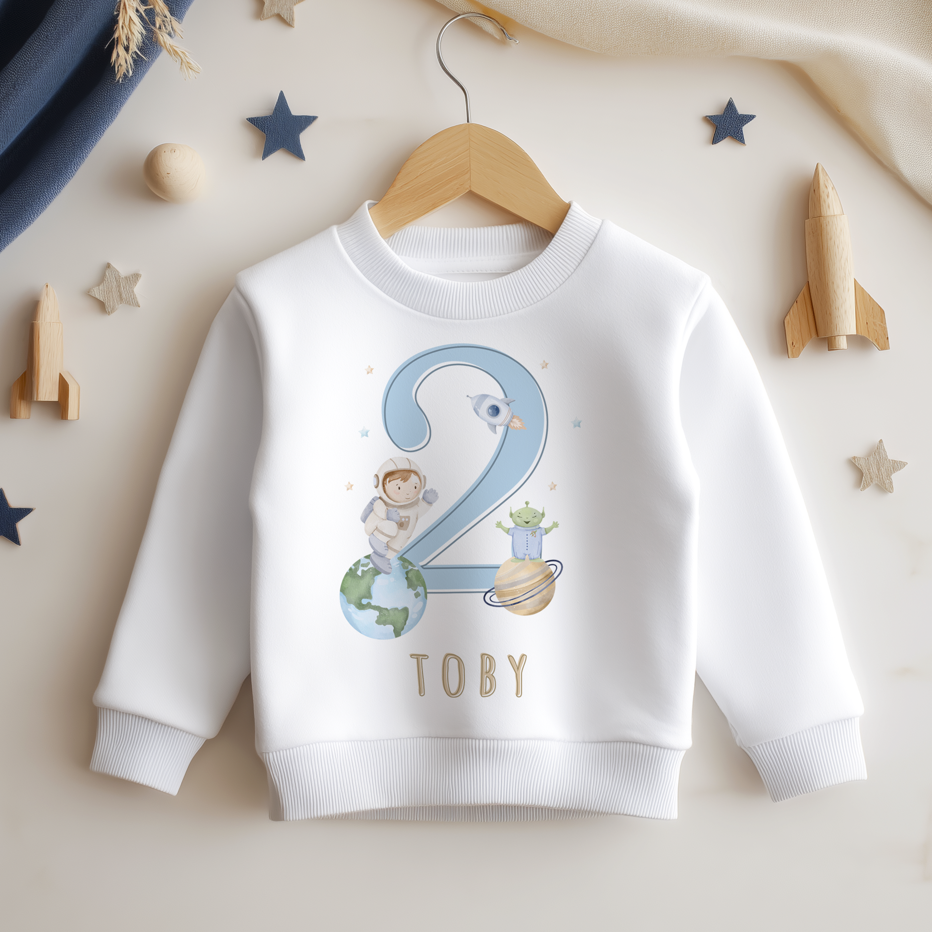 Personalised Name Kids Jumper 2nd Birthday Astronaut Rocket Planet Stars for Toddler Gift