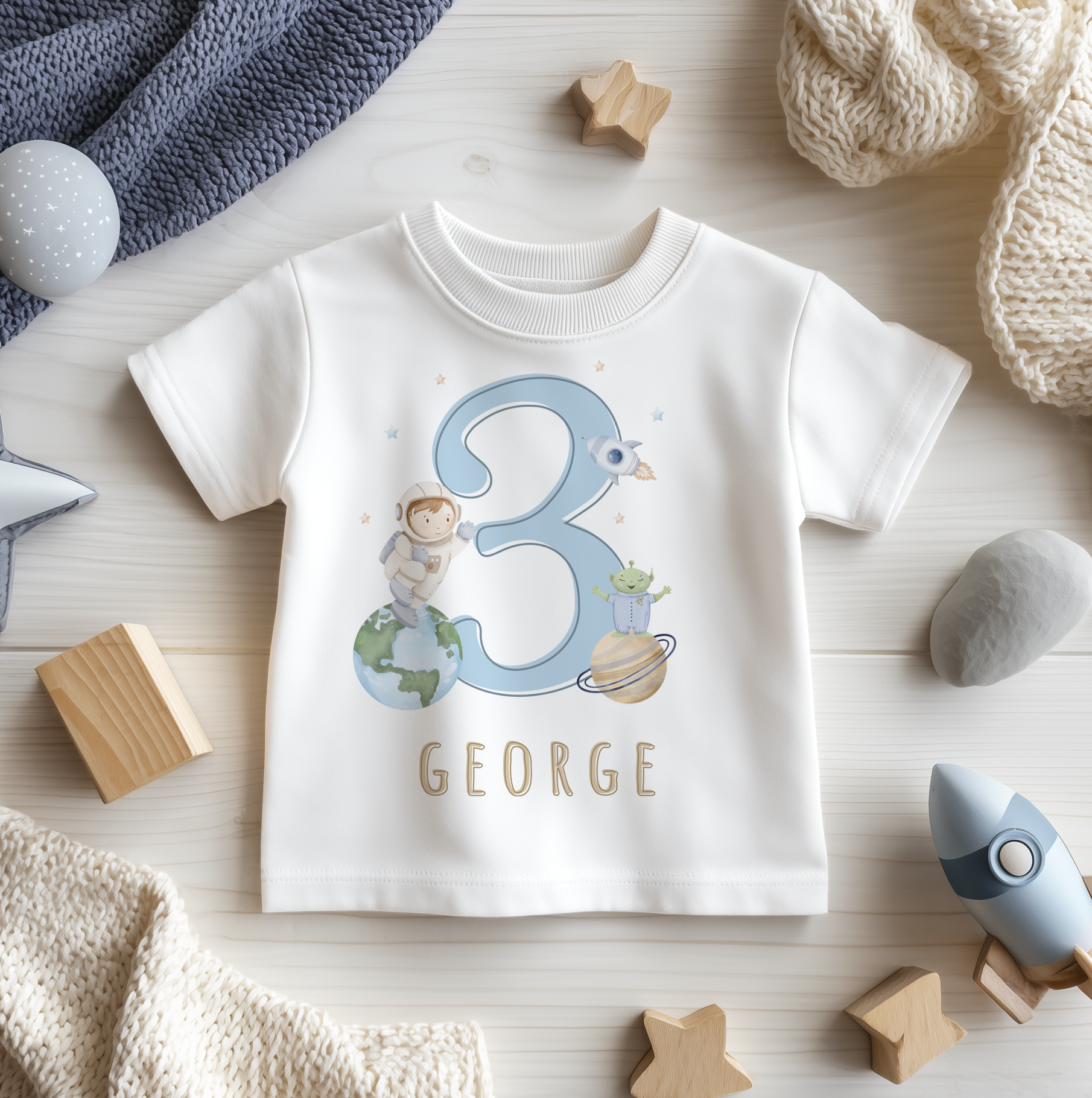 3rd Birthday Astronaut Galaxy Rocket Personalised Kids T Shirt