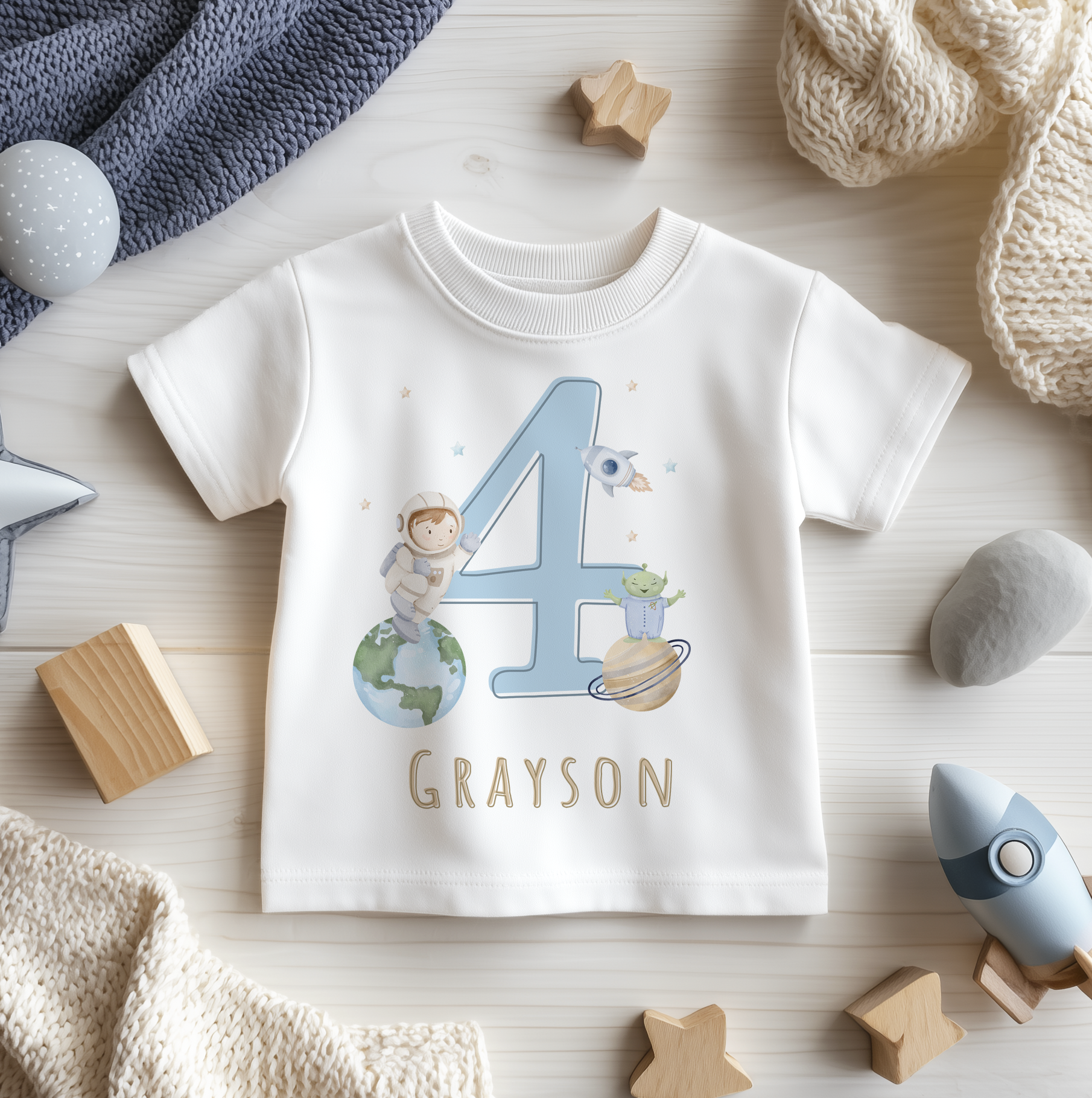 4th Birthday Astronaut Galaxy Rocket Personalised Kids T Shirt