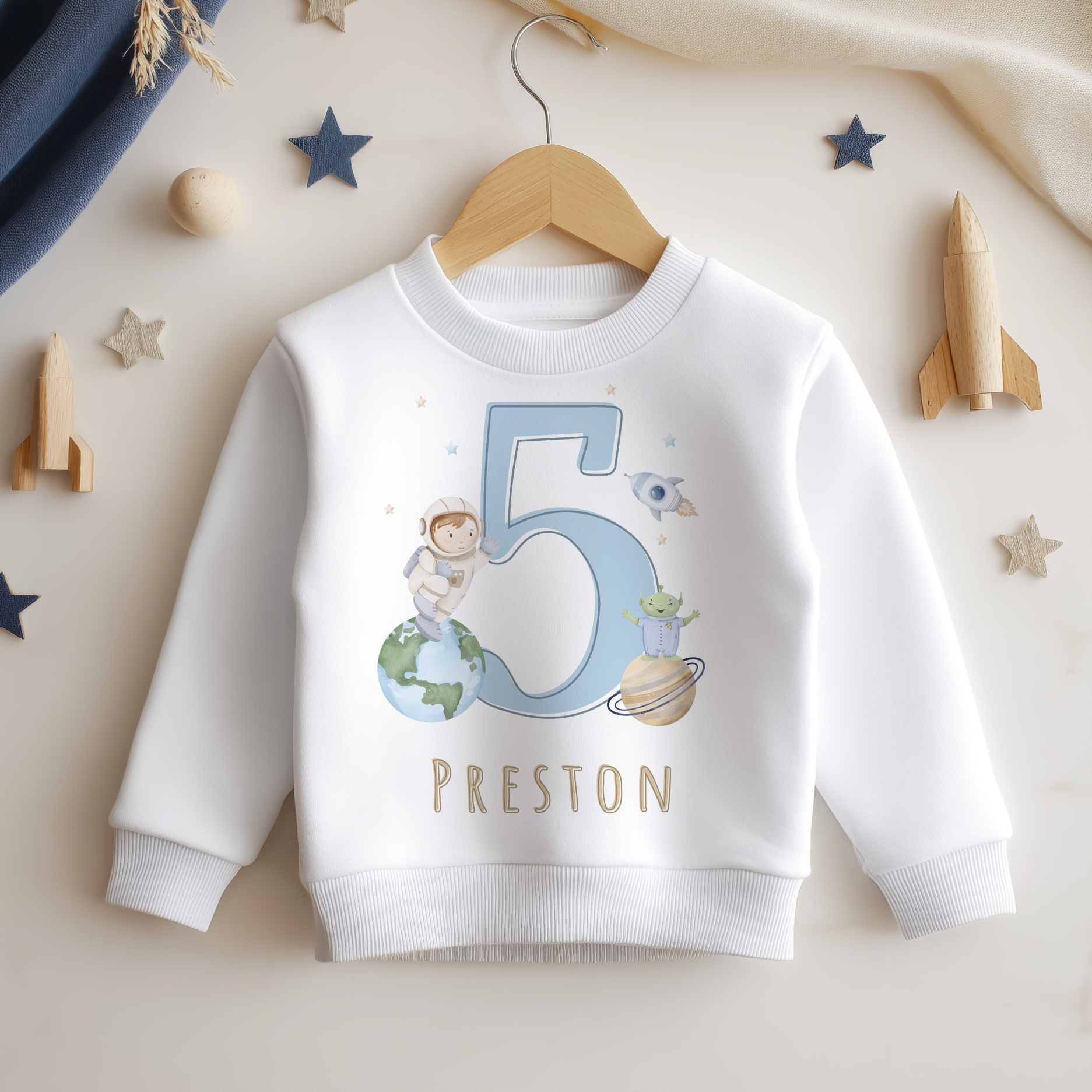 Personalised Name Kids Jumper 5th Birthday Astronaut Alien Rocket Galaxy Stars Planet Gift