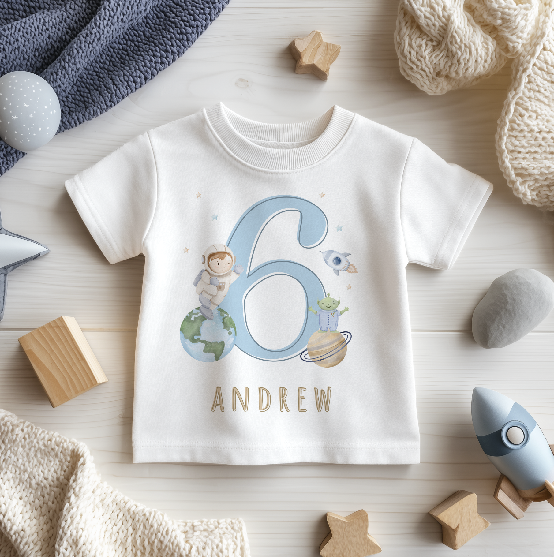 Personalised 6th Birthday Blue 6, Astronaut, Alien Rocket T-Shirt for Kids