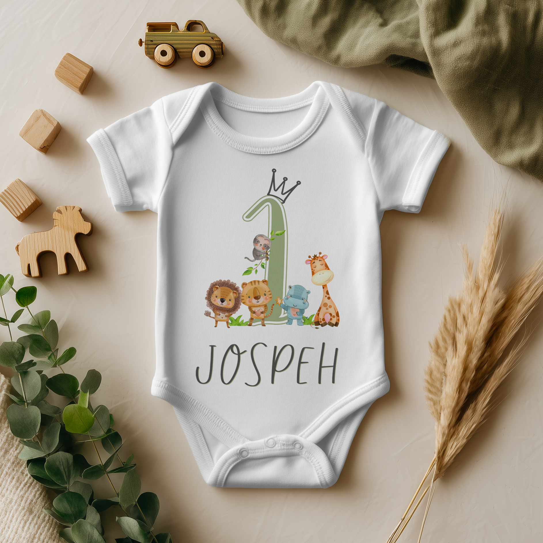 Personalised Baby 1st Birthday Crowned Green Number 1 Safari Bodysuit for Kids