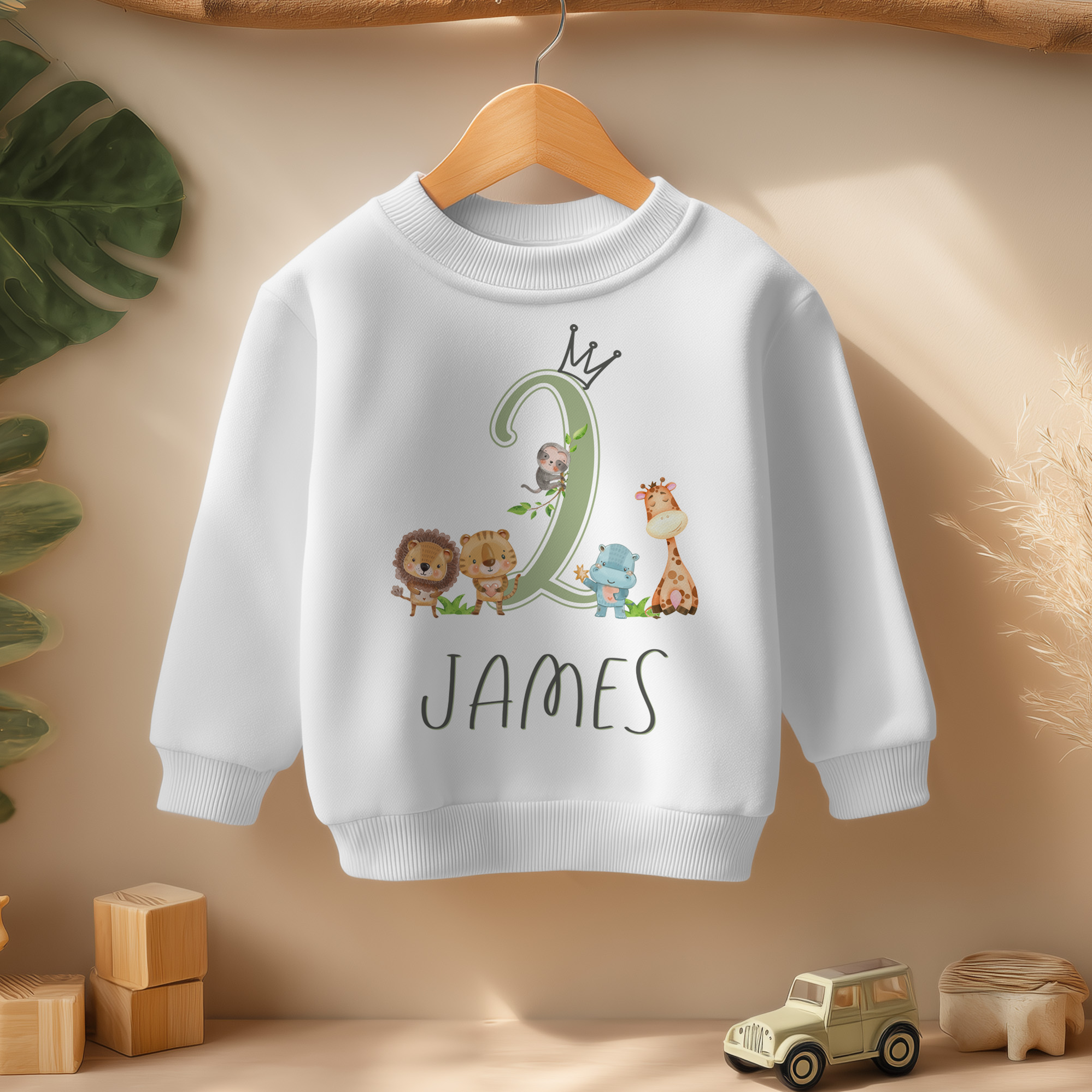 Personalised Name Kids Jumper 2nd Birthday Safari Animals Lion Hippo Giraffe Monkey Crown for Toddler Gift