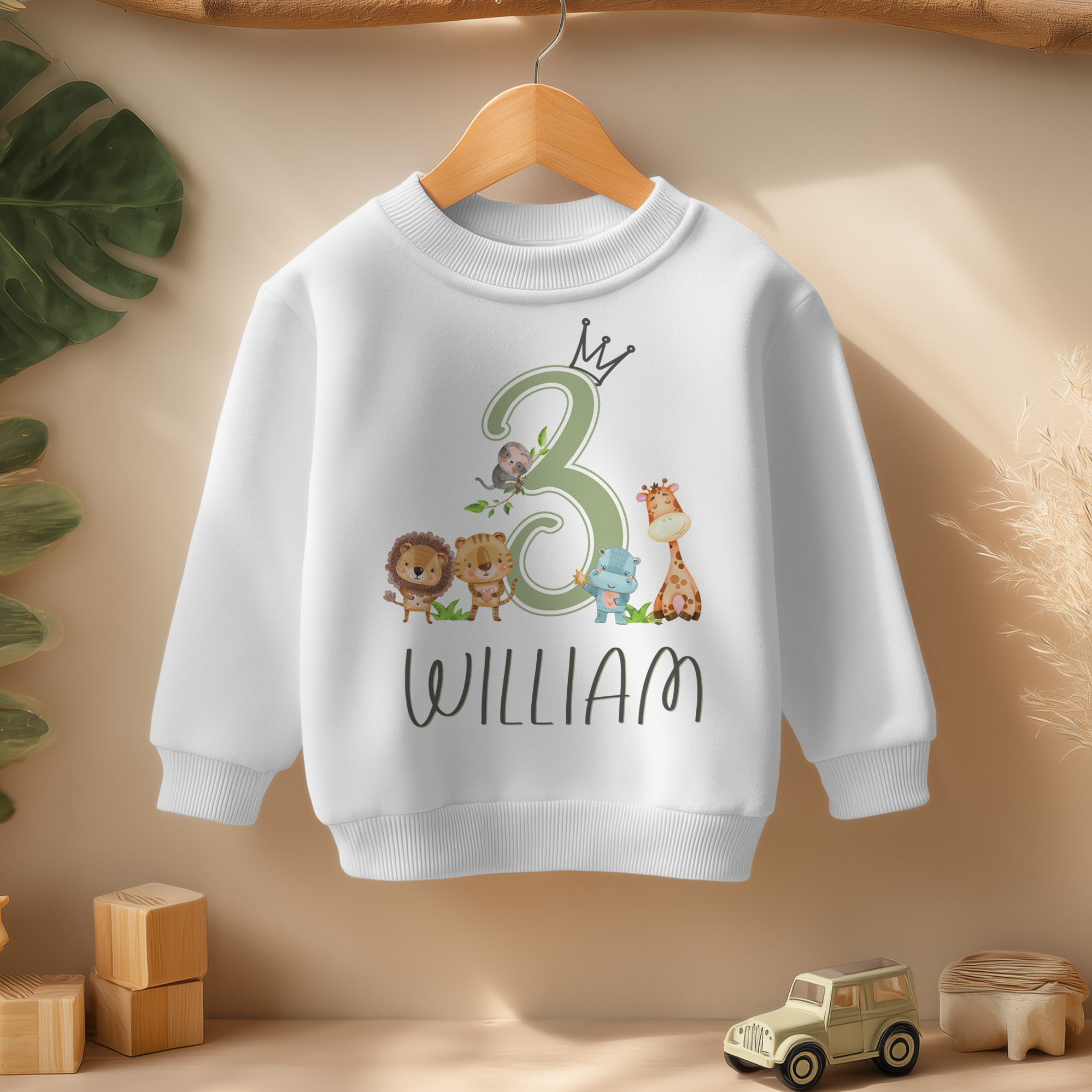 Personalised Name Kids Jumper 3rd Birthday Safari Animals Crown Green Number Leaves for Toddler Gift