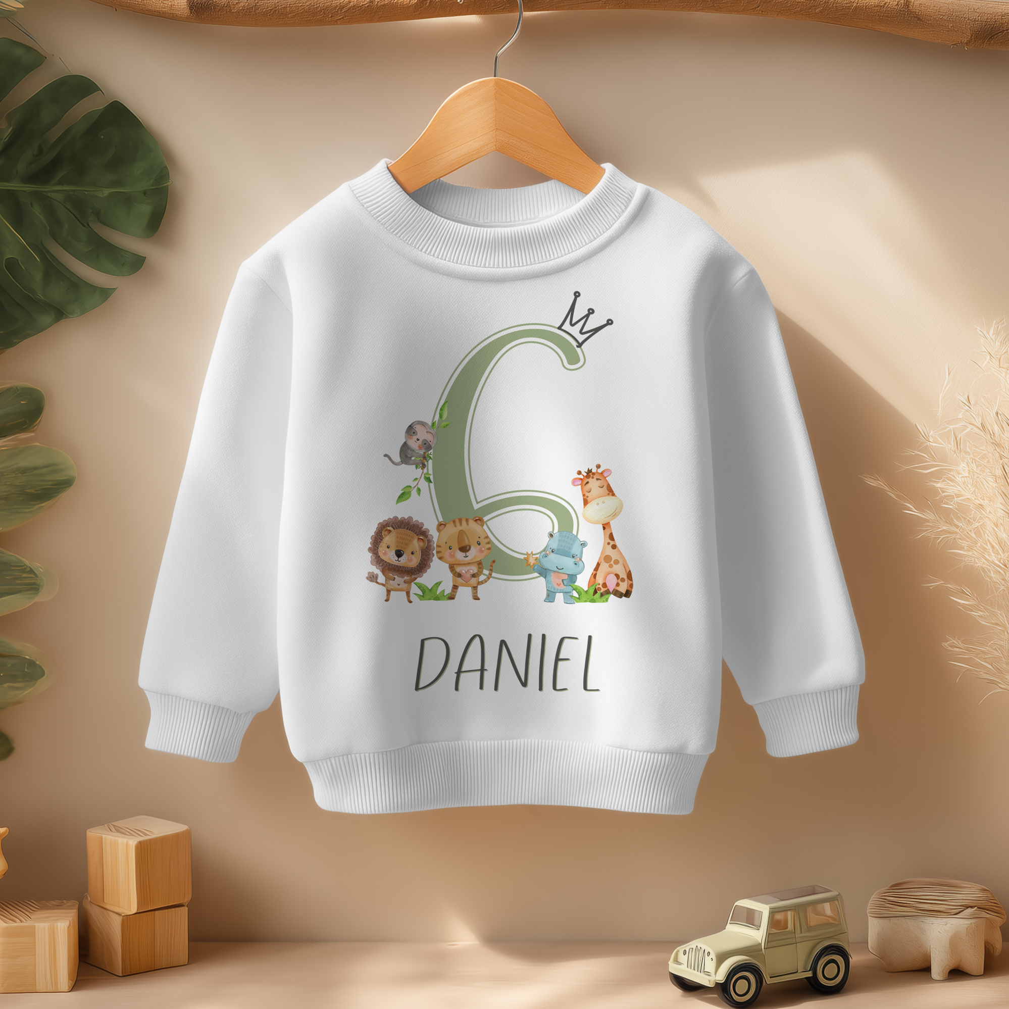 Personalised 6th Birthday Green Crown Safari Animals Sweatshirt for Kids