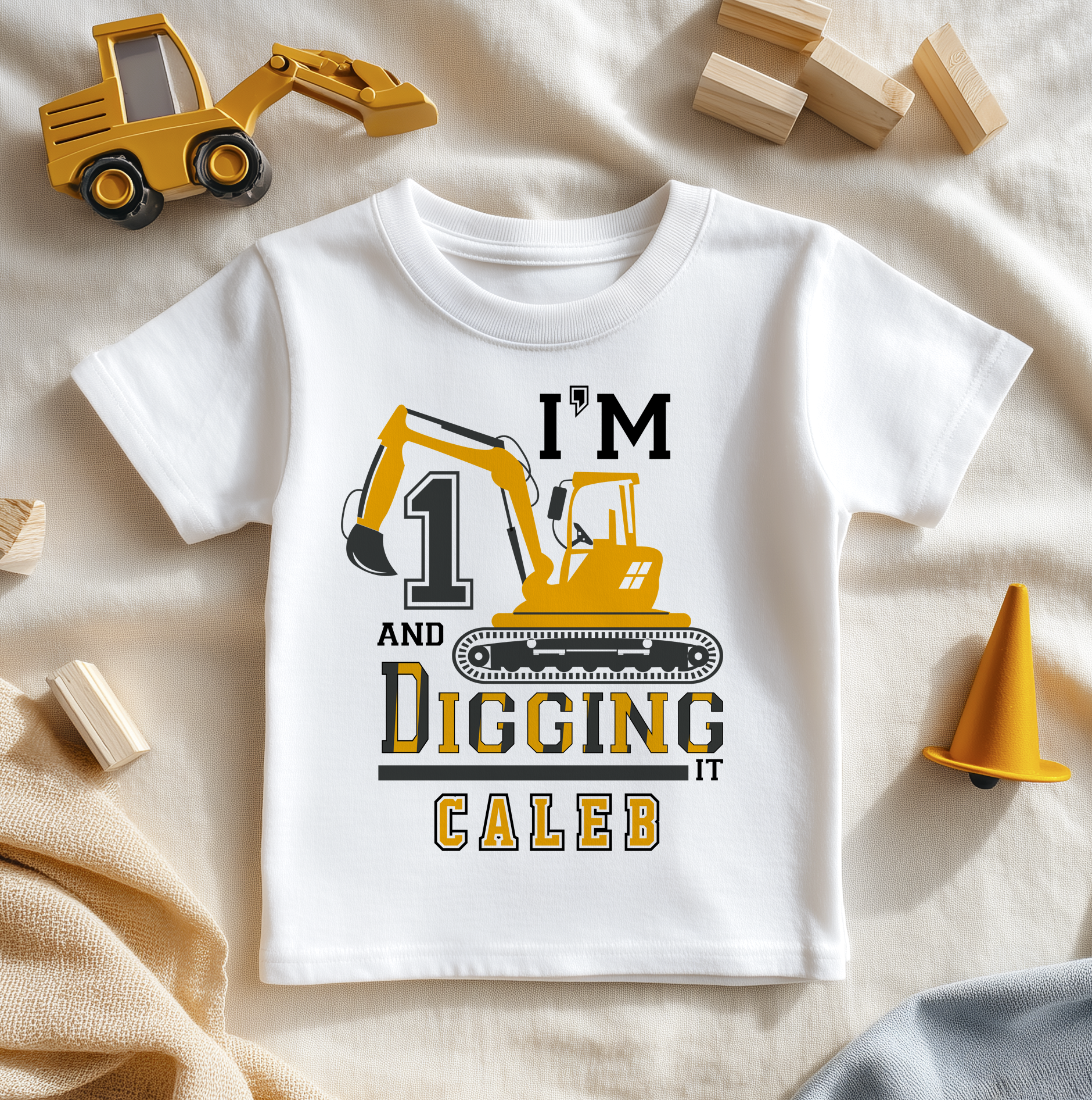 Personalised Name Kids T-Shirt 1st Birthday I'm 1 and Digging It Excavator Construction for Toddler Gift
