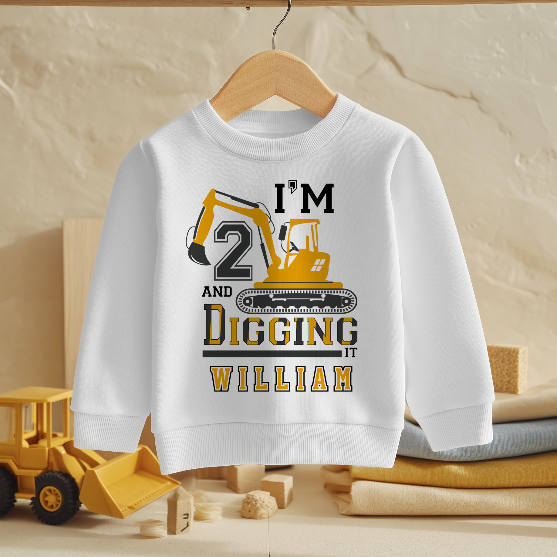 Personalised Name Kids Jumper 2nd Birthday I'm 2 and Digging It Excavator Yellow Black Lettering for Toddler Gift