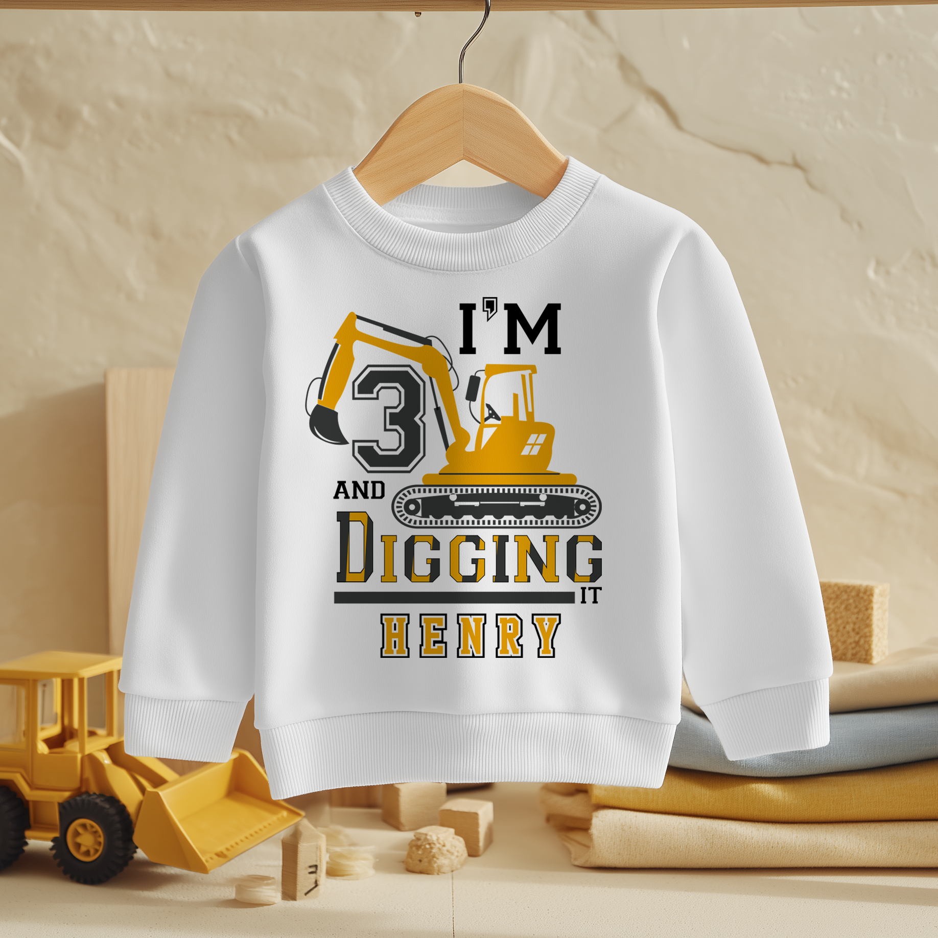 Personalised Name Kids Jumper 3rd Birthday I'm Digging It Excavator Construction Bold Lettering for Toddler Gift