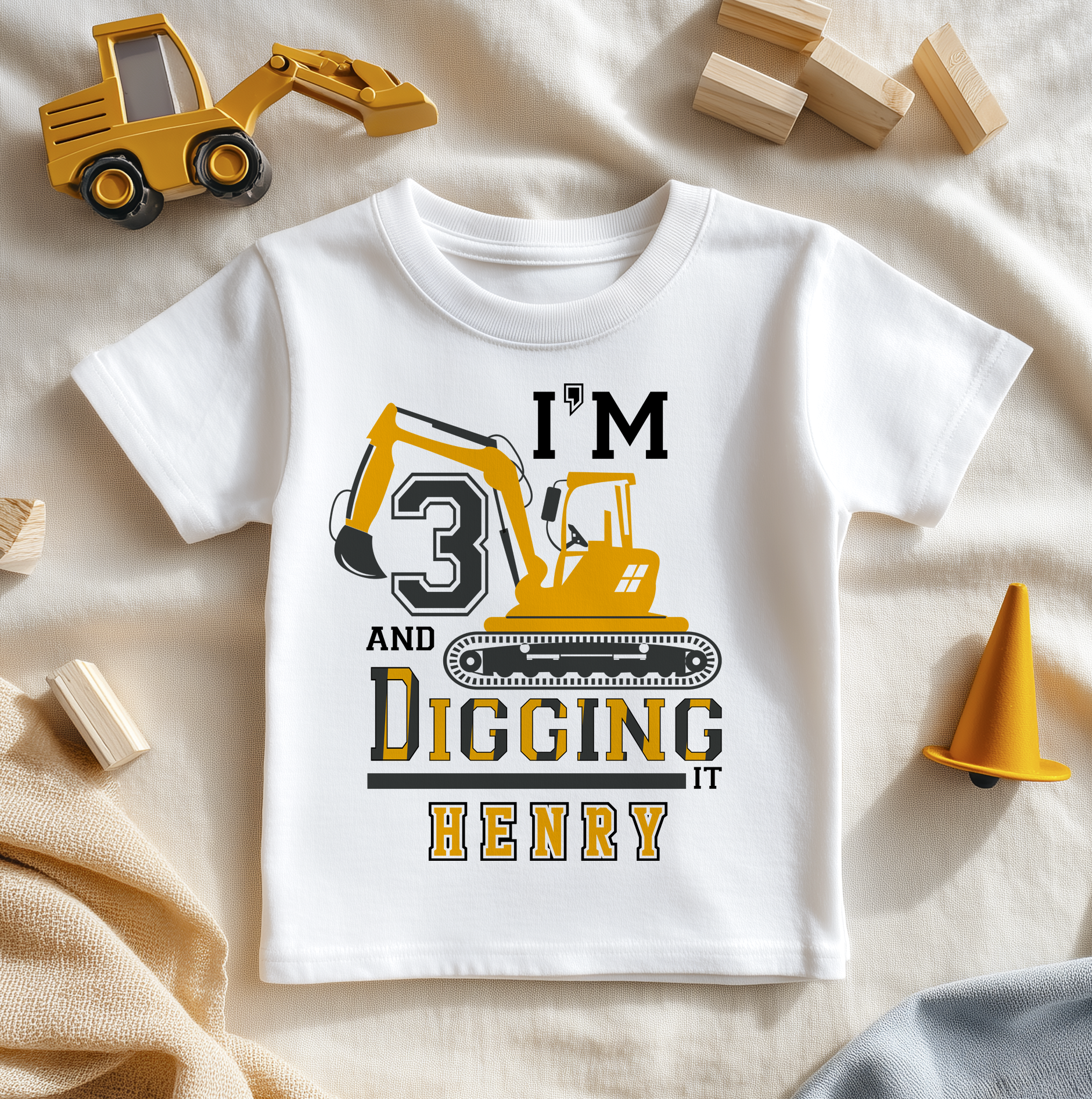 3rd Birthday Builder/Construction Birthday Excavator Personalised Kids T Shirt