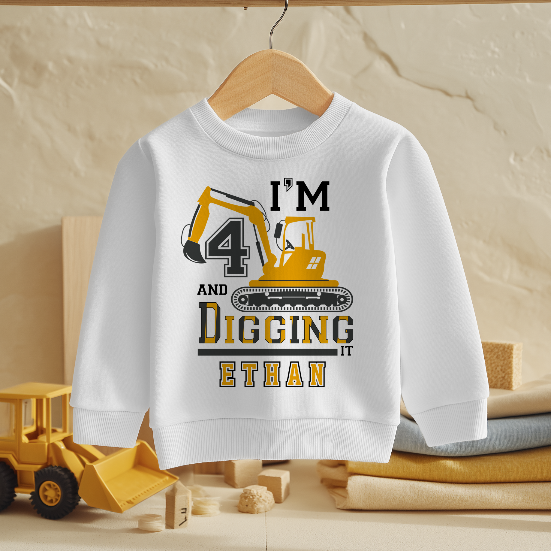 Personalised Name Kids Jumper 4th Birthday I'm 4 and Digging It Excavator Construction Yellow Black Gift