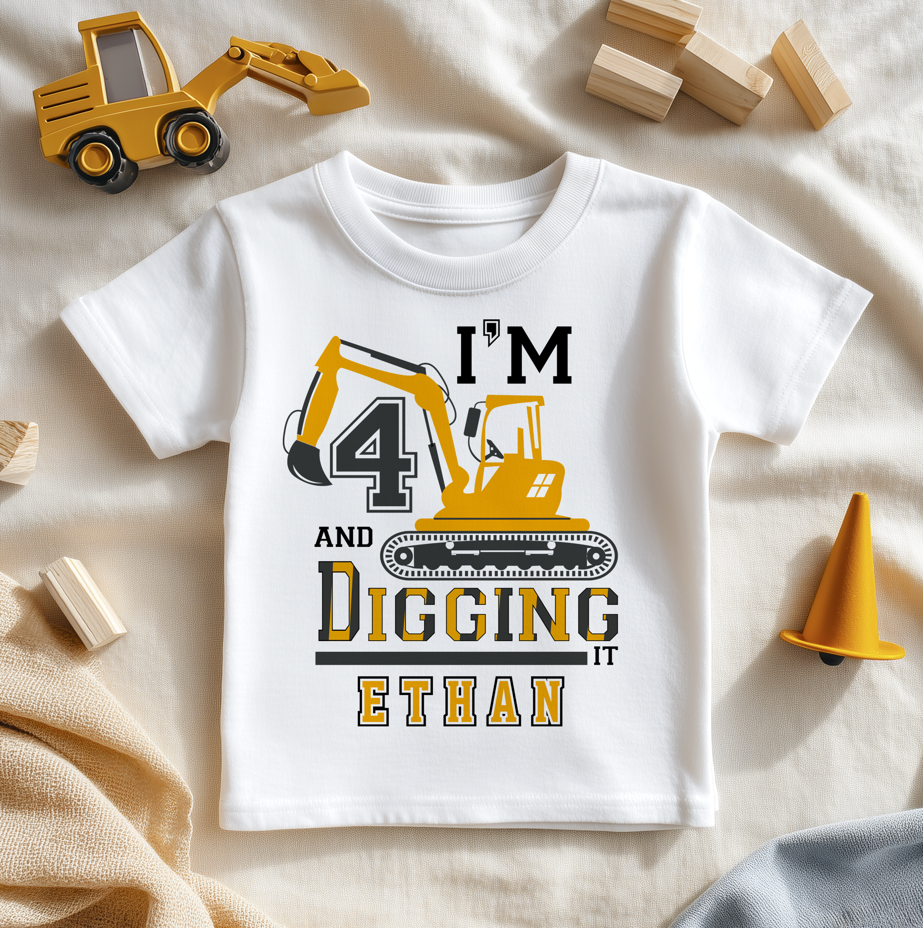 Personalised Name Kids T-Shirt 4th Birthday Excavator Digger Yellow Black Number Gift