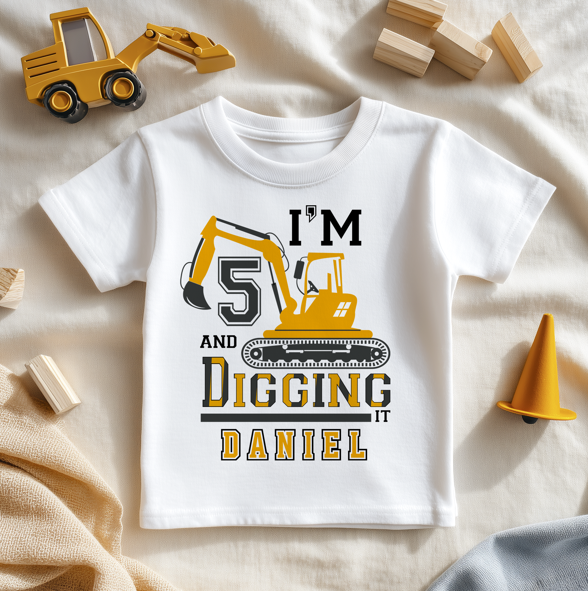 Personalised 5th Birthday Excavator 'I'm 5 and Digging It' Kids T-Shirt for Boys