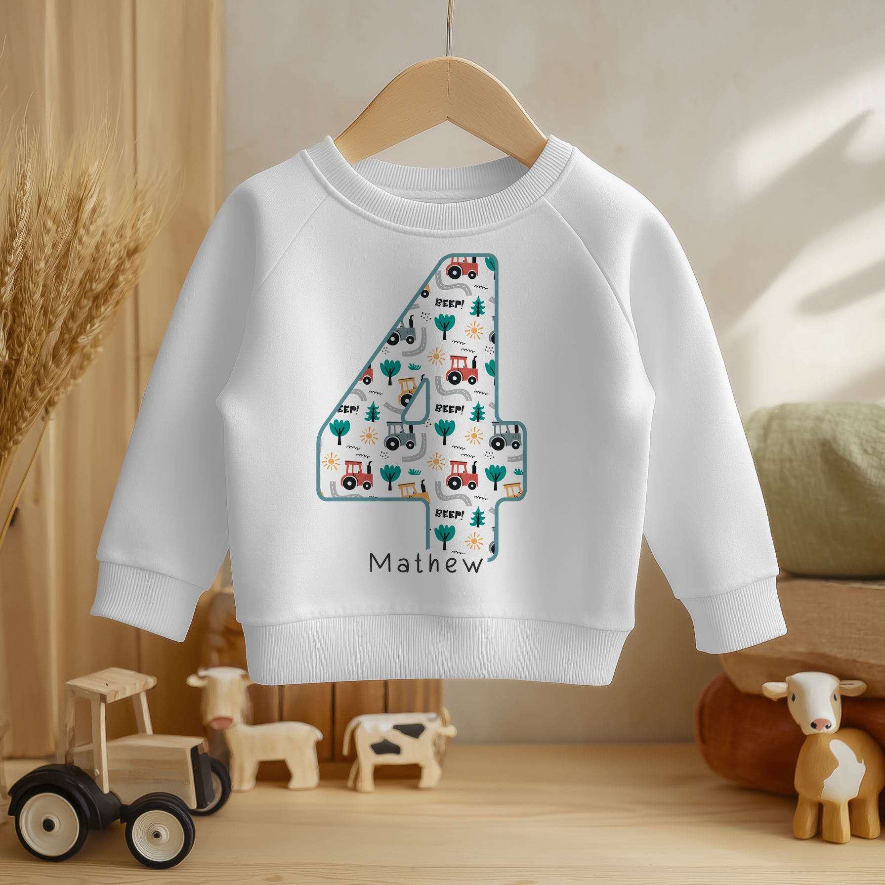 Personalised Name Kids Jumper 4th Birthday Farm Tractor Digger Trees Beep Pattern Gift Idea