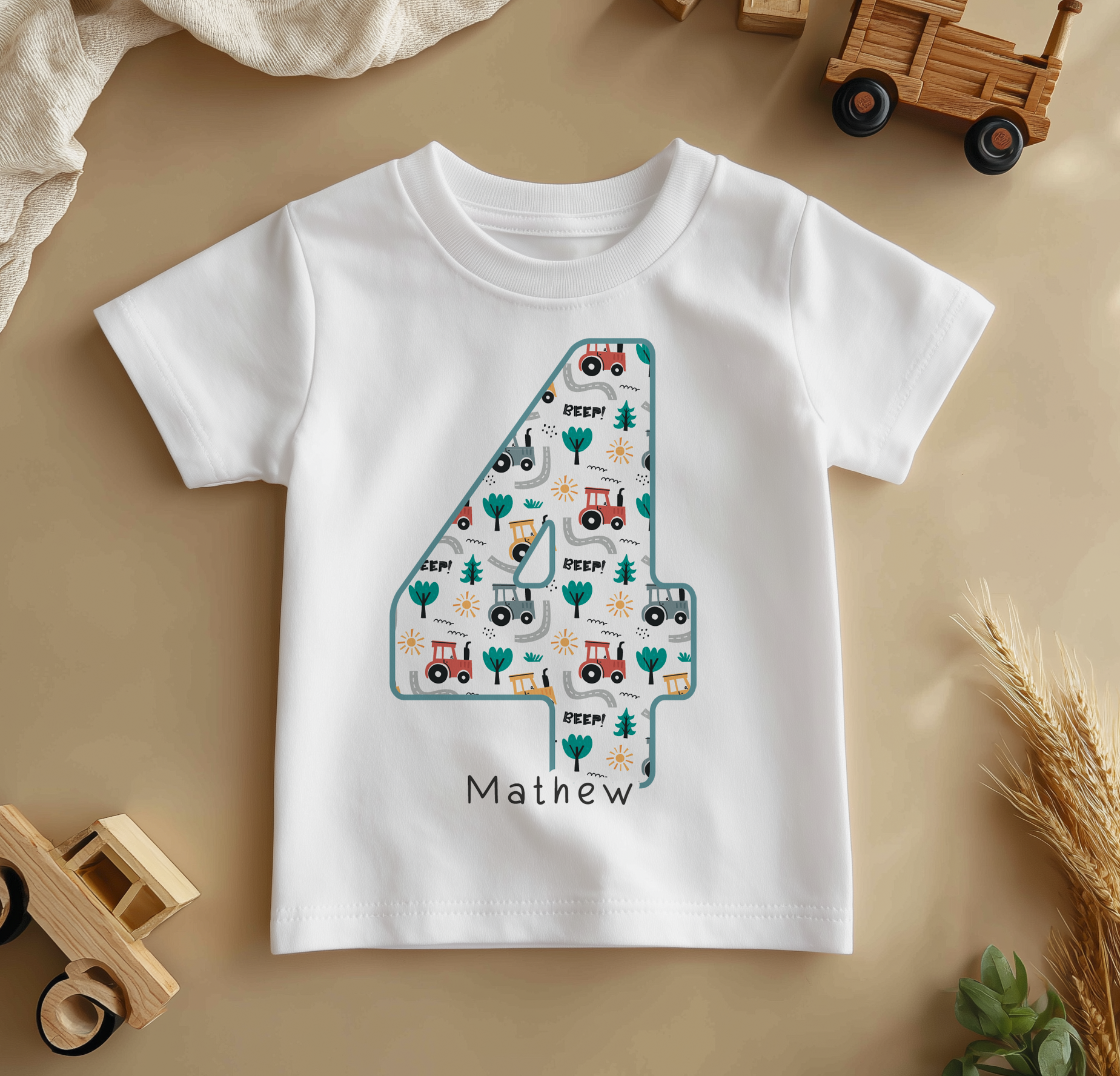 Personalised Name Kids T-Shirt 4th Birthday Farm Tractor Digger Trees Beep Pattern Gift Idea