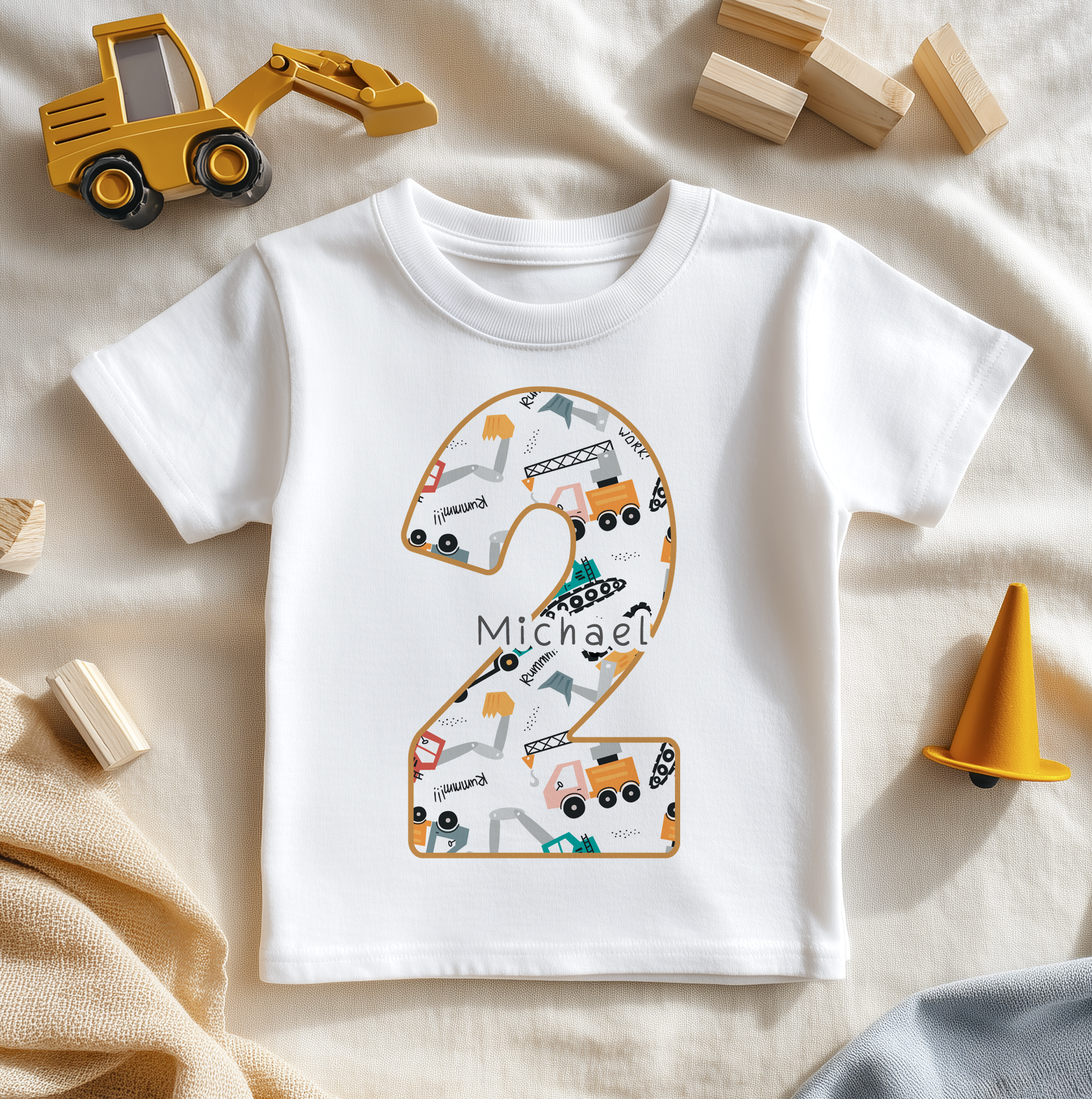 2nd Birthday Construction Excavator Personalised Kids & Toddler T Shirt