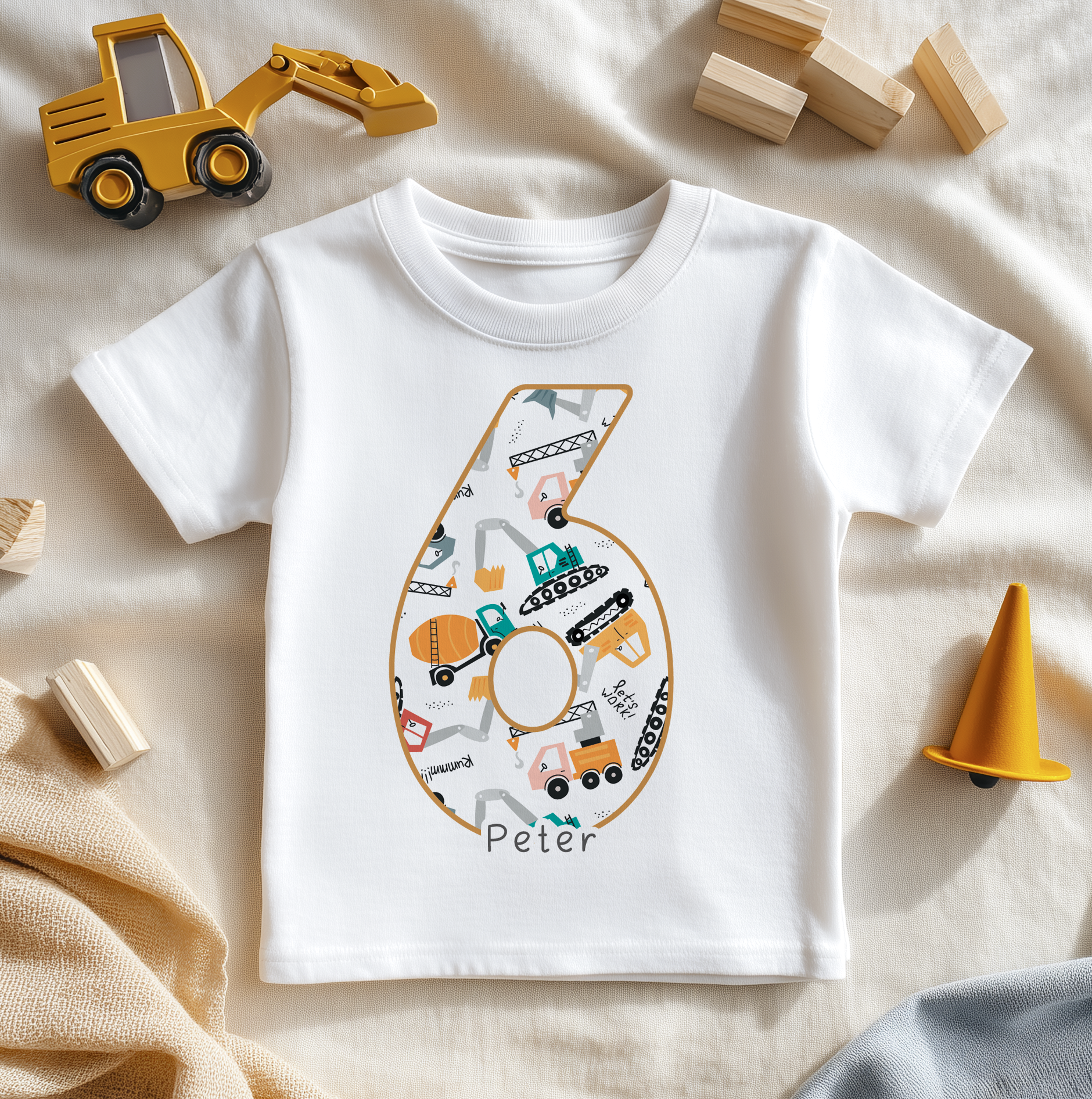 6th Birthday Construction Excavator Personalised Kids T Shirt