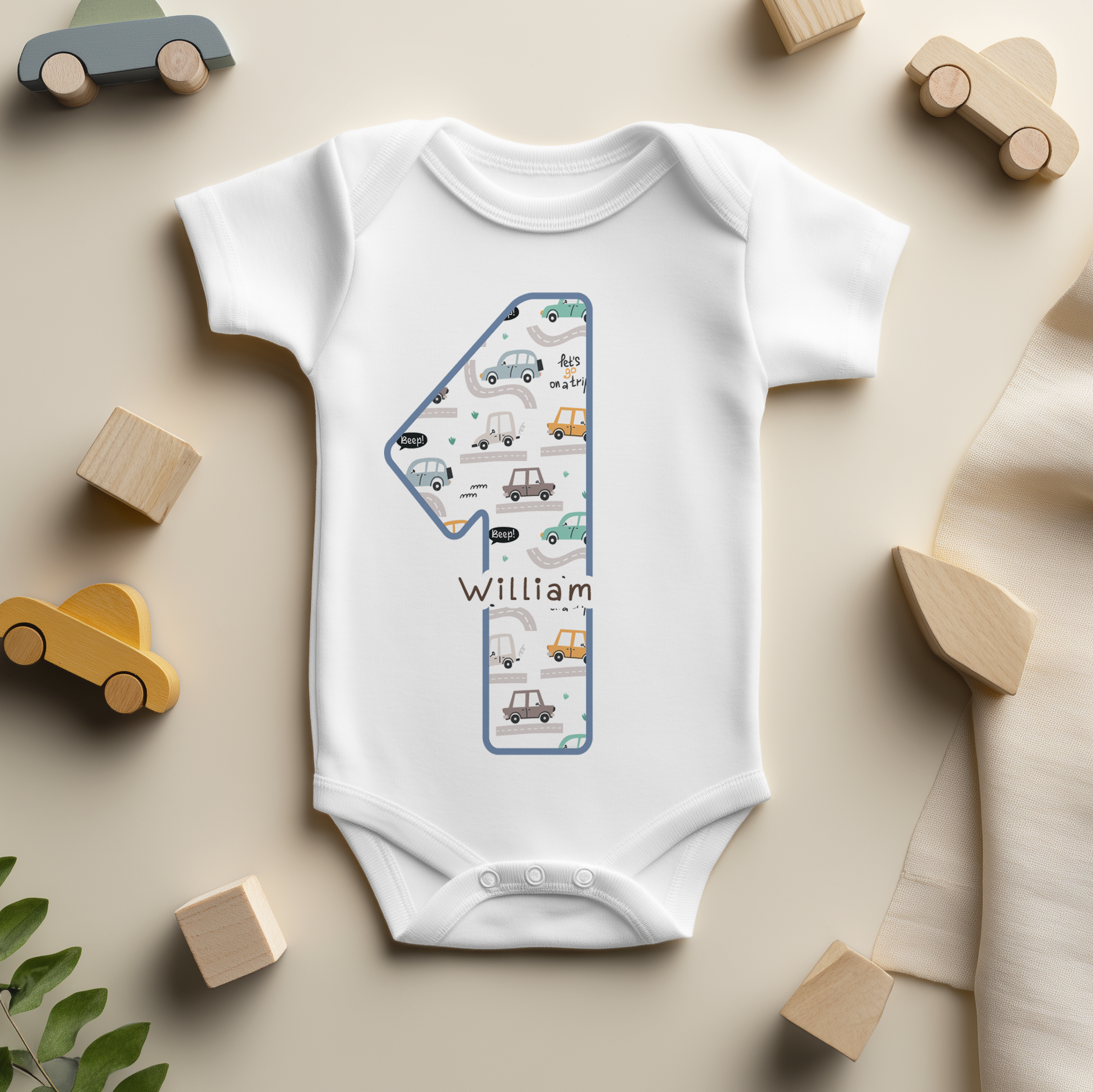 Personalised Baby 1st Birthday Pastel Car Filled Number One Baby Bodysuit for Kids