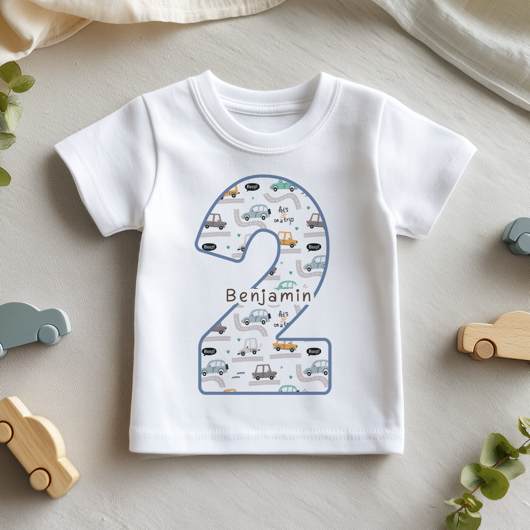 2nd Birthday Cars Pattern Personalised Toddler & Kids T Shirt