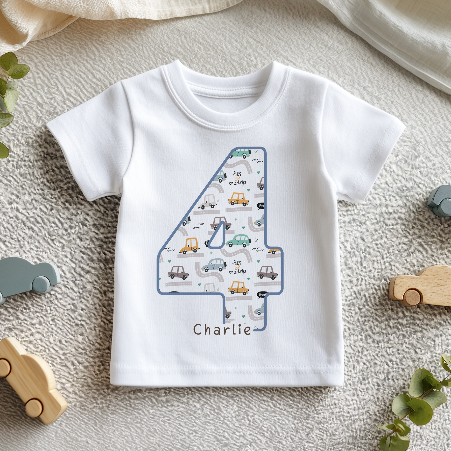 Personalised Name Kids T-Shirt 4th Birthday Number Four Road Trip Cars Dots Script Gift Idea