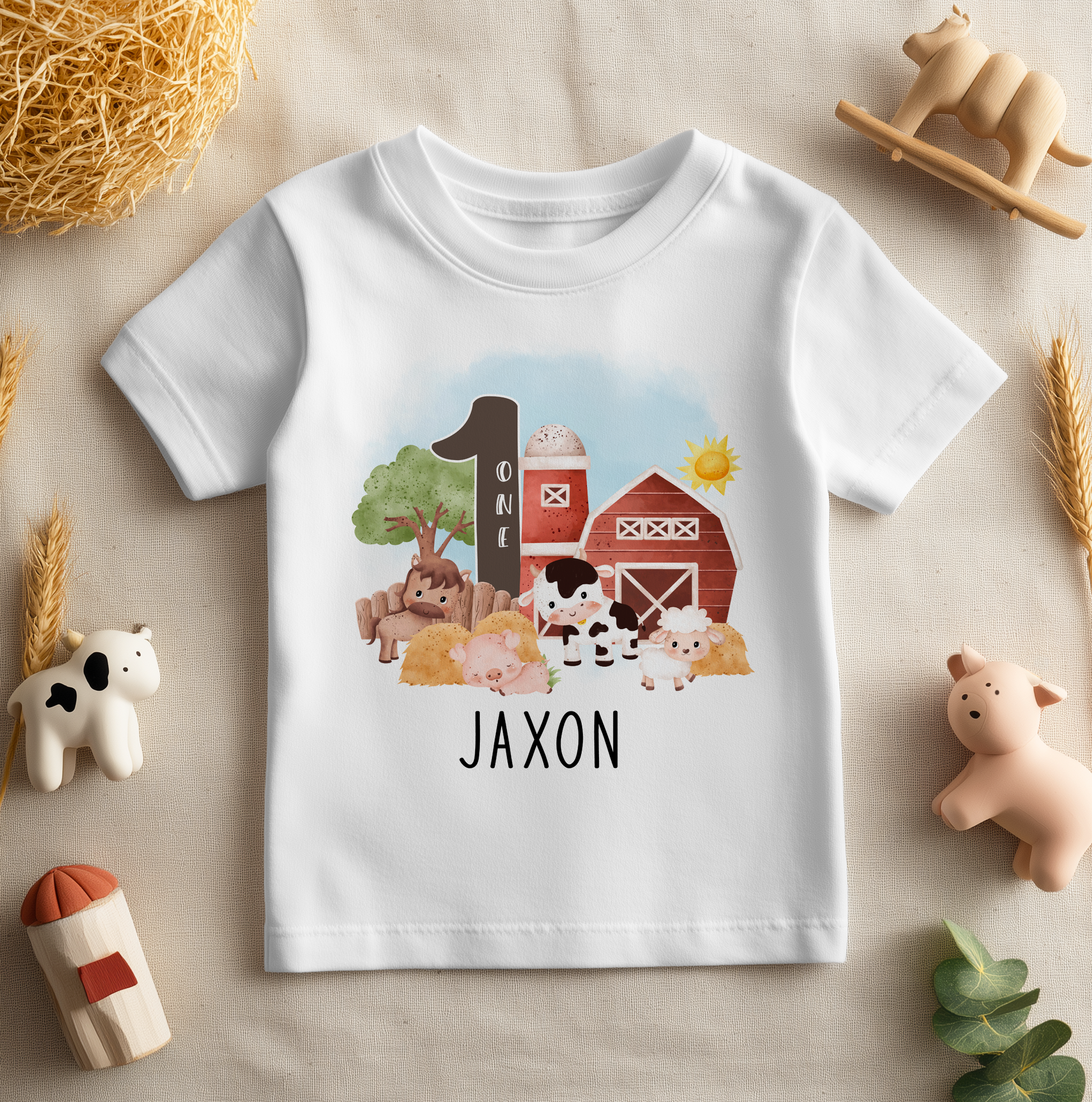 Personalised Name Kids T-Shirt 1st Birthday Farm Animals Red Barn Tractor Cow Sheep for Toddler Gift