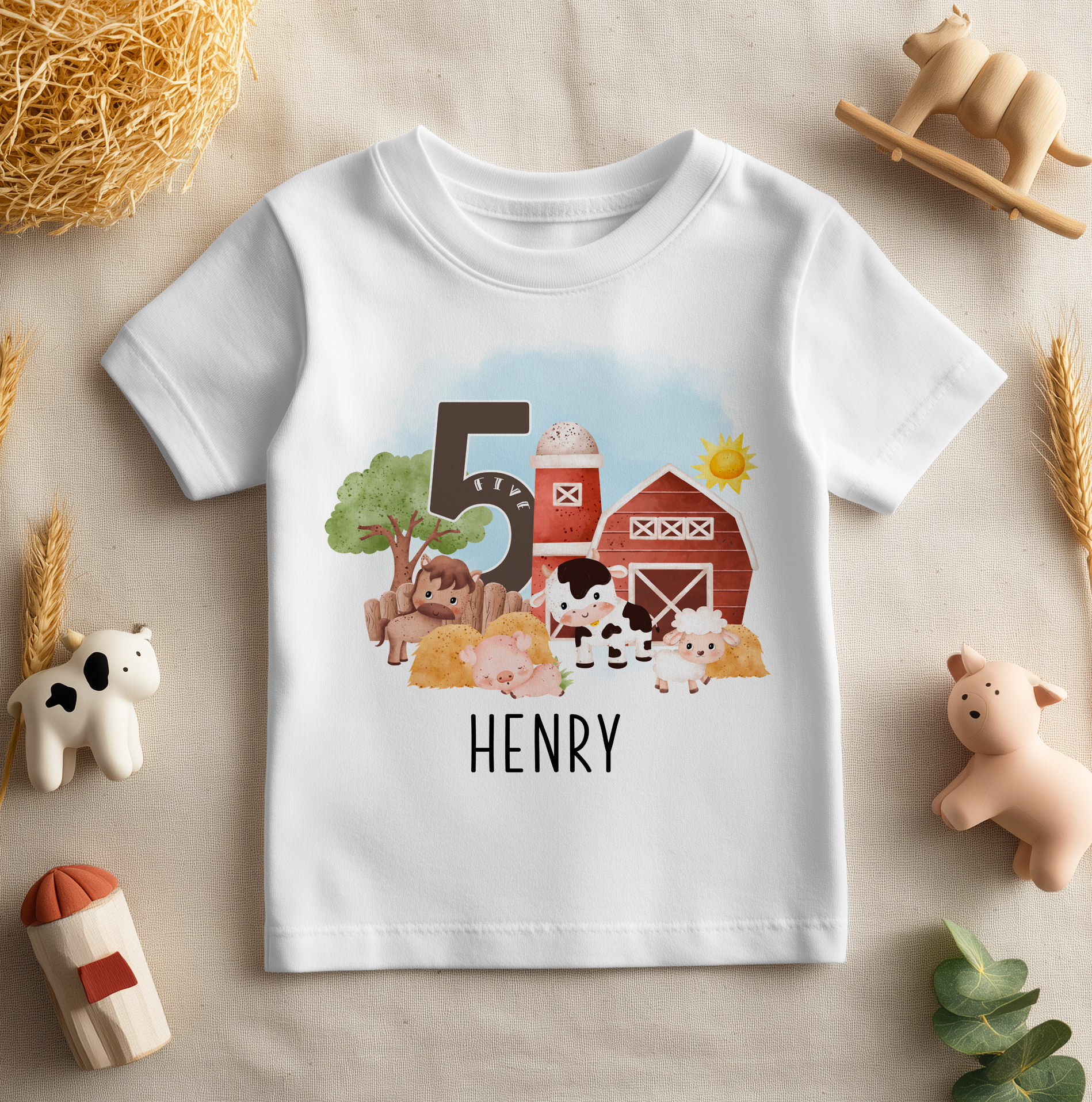 Personalised 5th Birthday Farm Barn Cow Pig Sheep T-Shirt for Kids