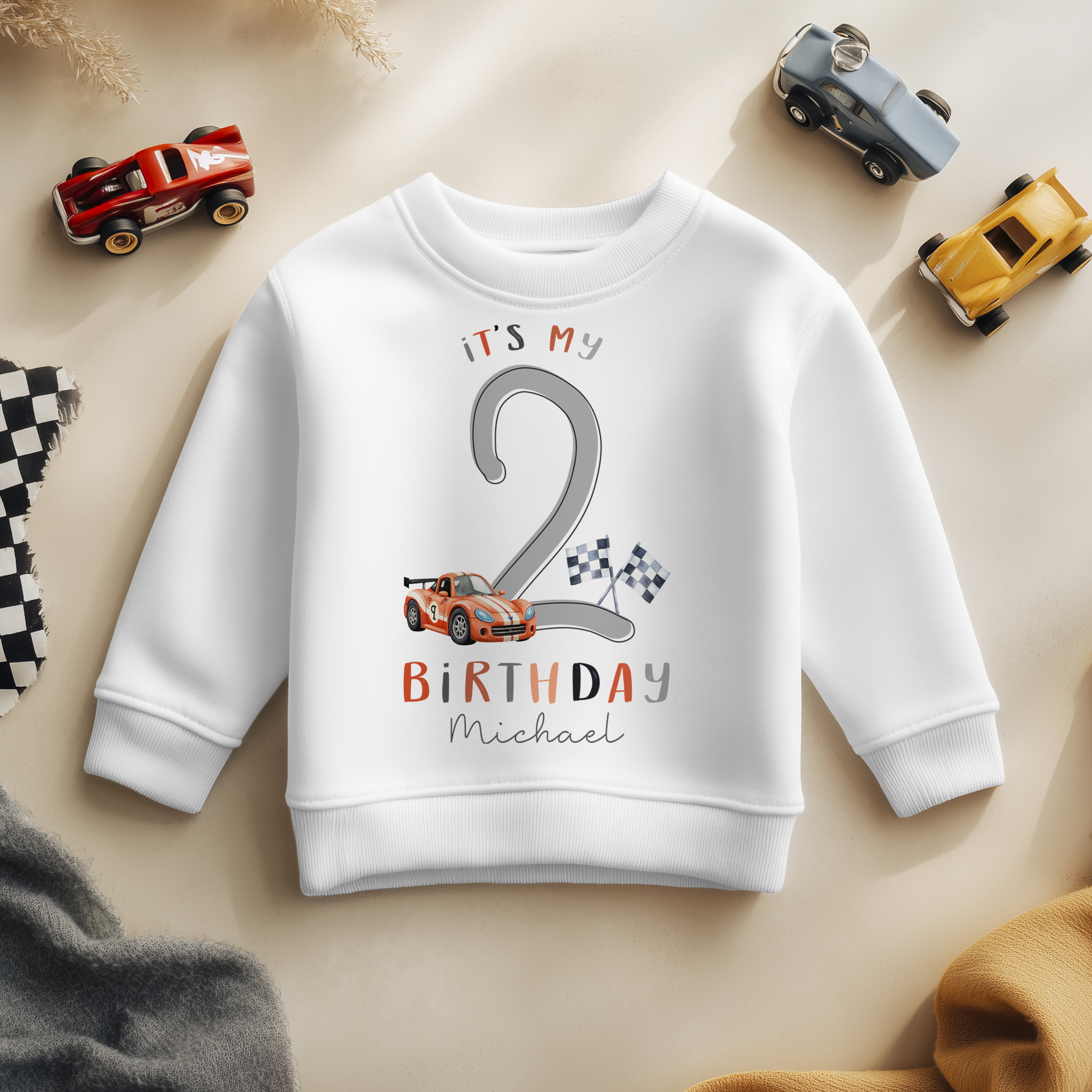 Personalised Name Kids Jumper 2nd Birthday Racing Car Checkered Flags Script for Toddler Gift
