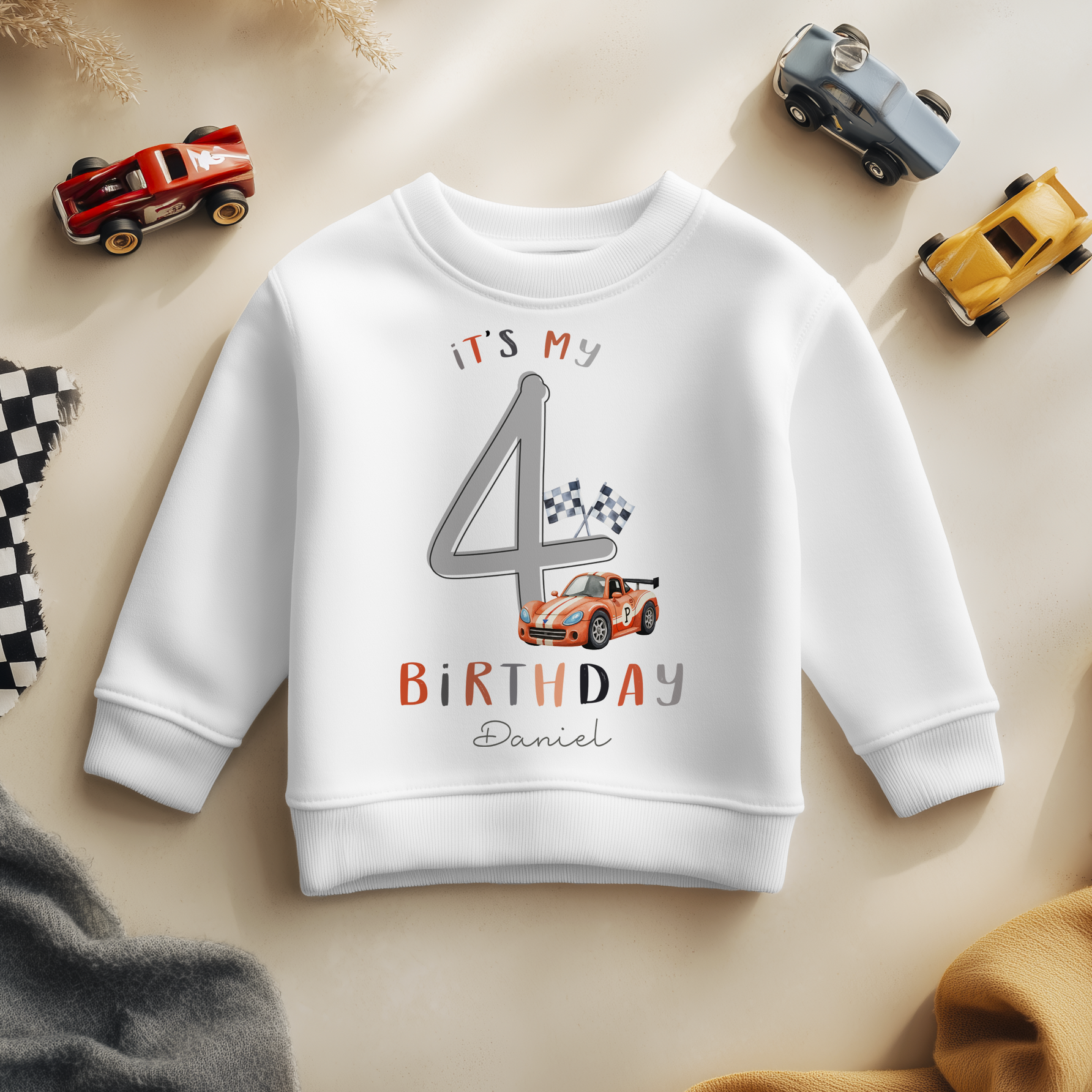 Personalised Name Kids Jumper 4th Birthday Racing Car Checkered Flag Script Lettering Gift Idea