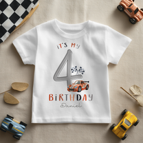 Personalised Name Kids T-Shirt 4th Birthday Racing Car Checkered Flag Script Lettering Gift Idea