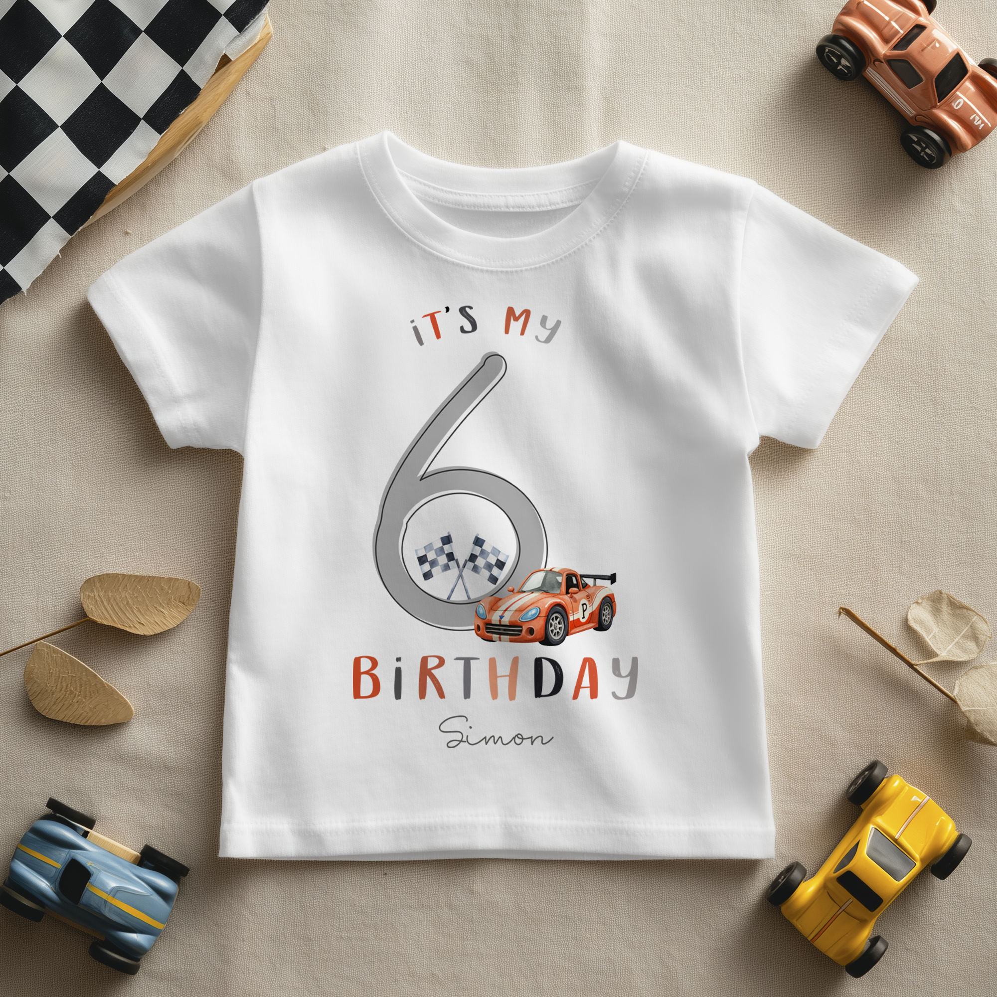 Personalised 6th Birthday Grey 6 Orange Race Car T-Shirt for Boys