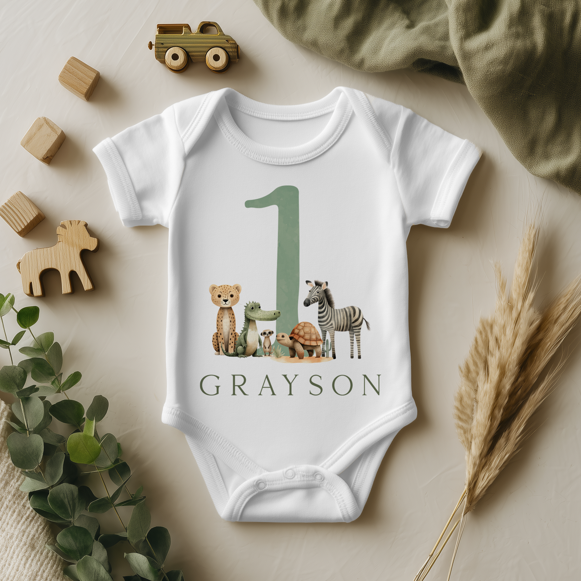 1st Birthday Jungle Animals Safari Personalised Baby Bodysuit