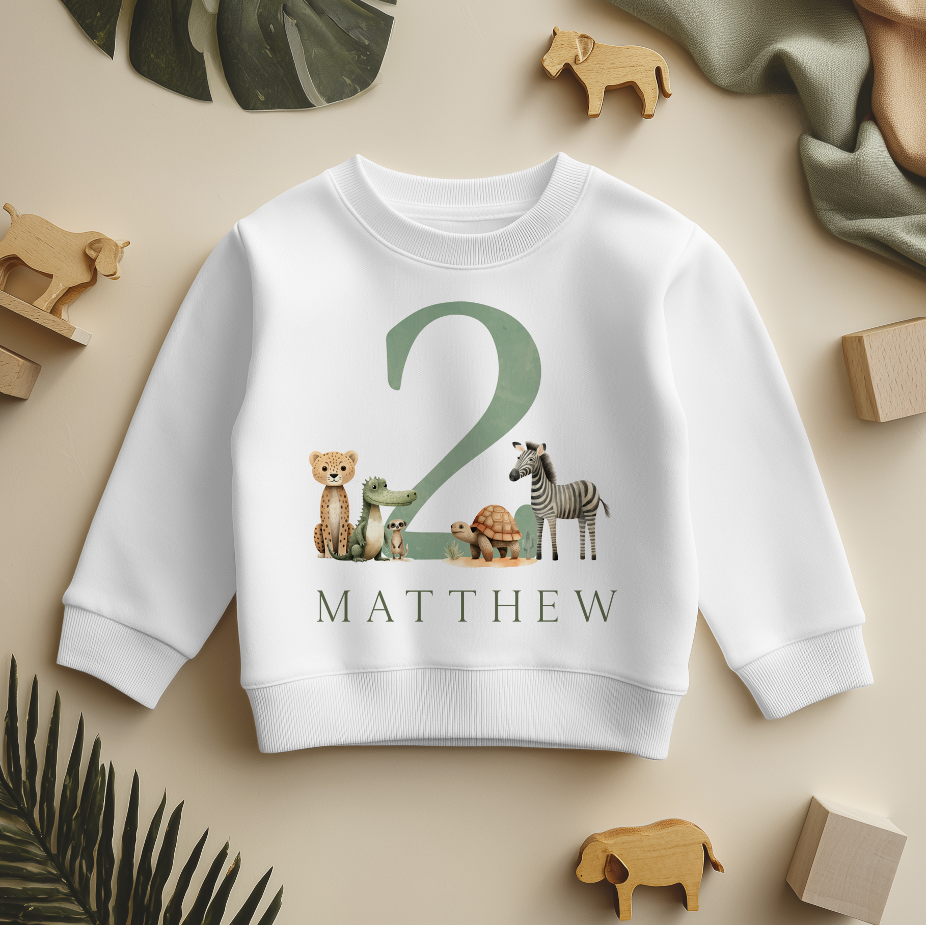 Personalised Name Kids Jumper 2nd Birthday Safari Animals Meerkat Zebra Turtle Elephant for Toddler Gift