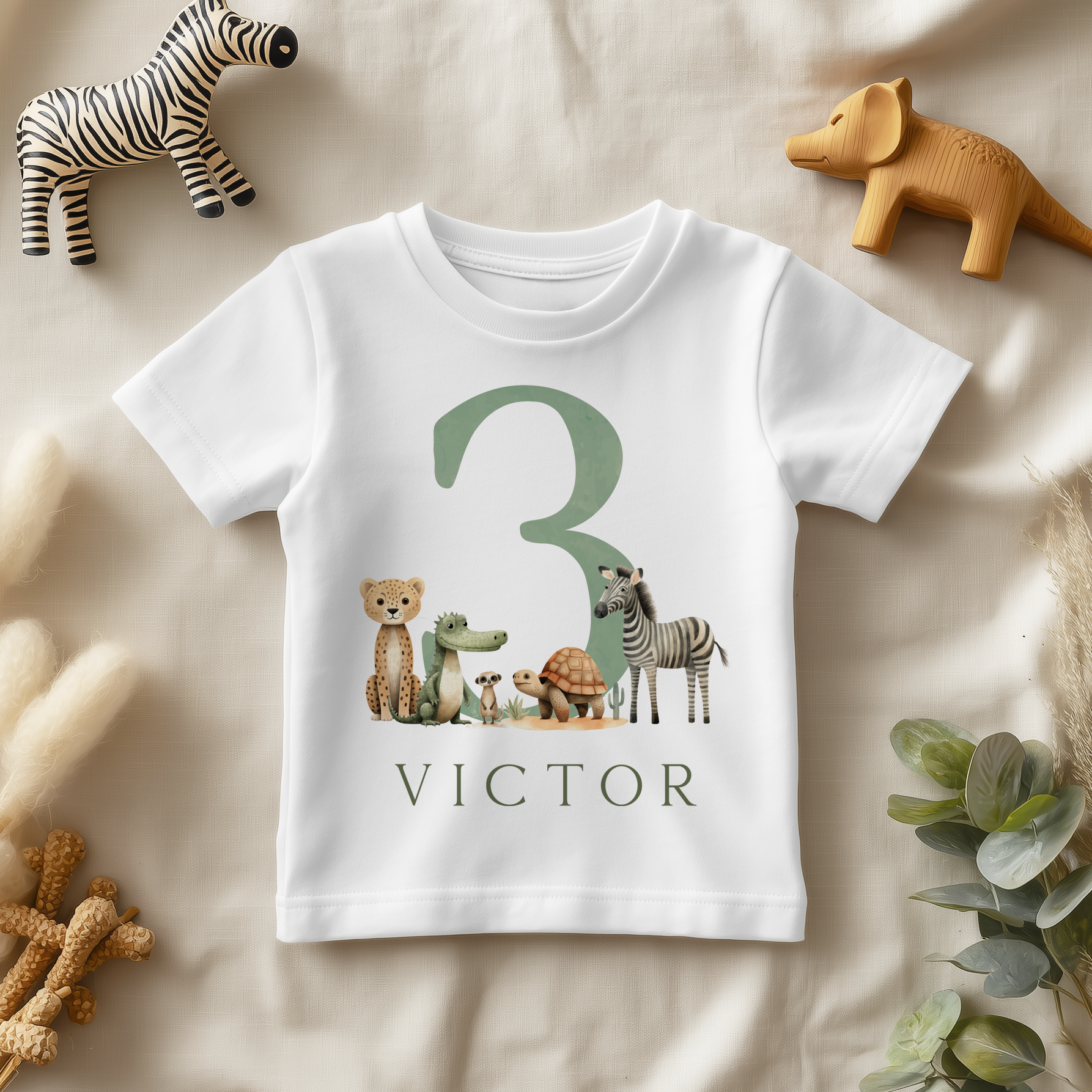 Personalised Name Kids T-Shirt 3rd Birthday Safari Cheetah Zebra Crocodile Tortoise for Toddler Gift