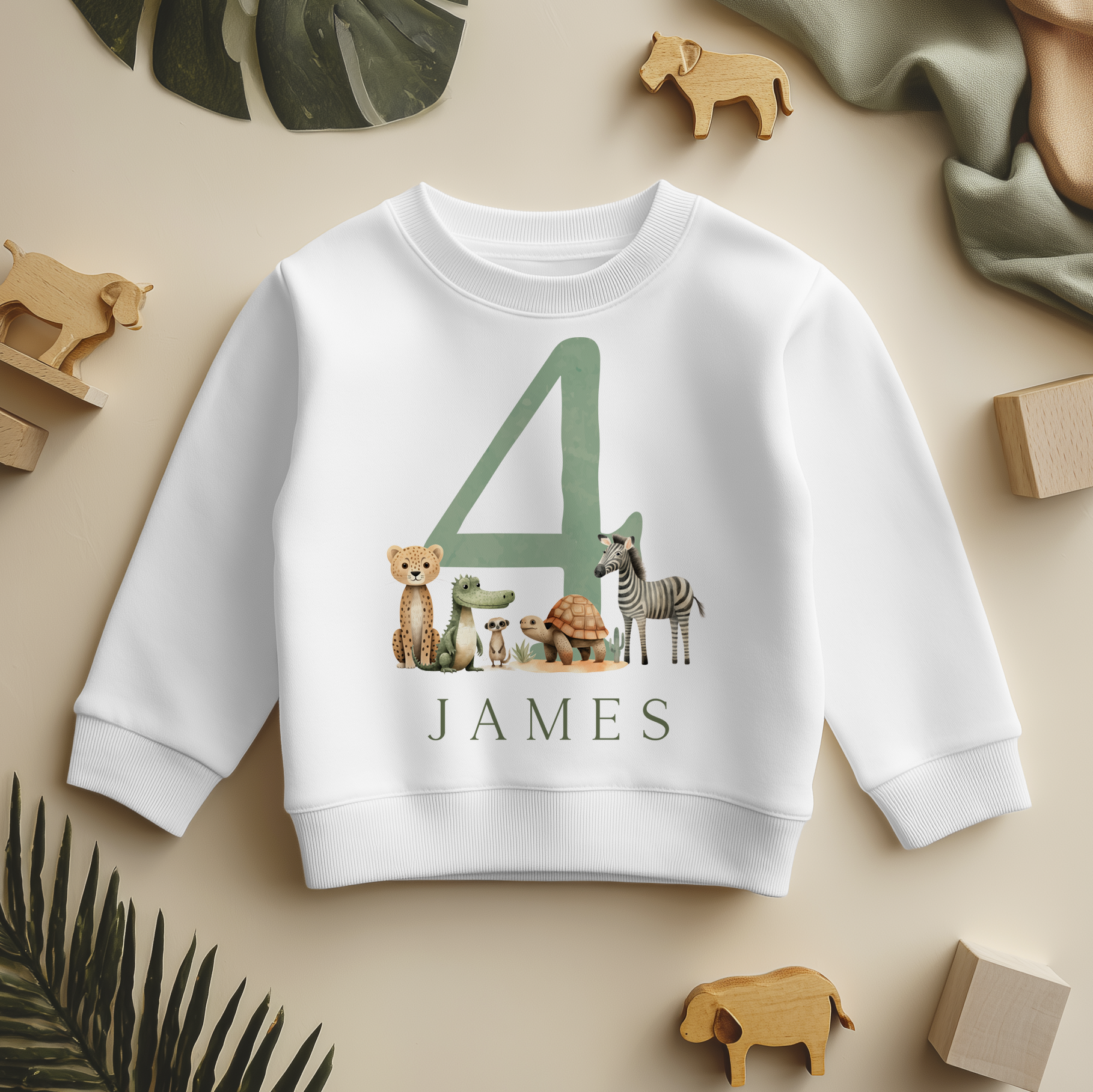 Personalised Name Kids Jumper 4th Birthday Safari Animals Leopard Zebra Turtle Gift Idea