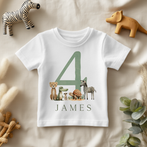 Personalised Name Kids T-Shirt 4th Birthday Safari Animals Leopard Zebra Turtle Gift Idea