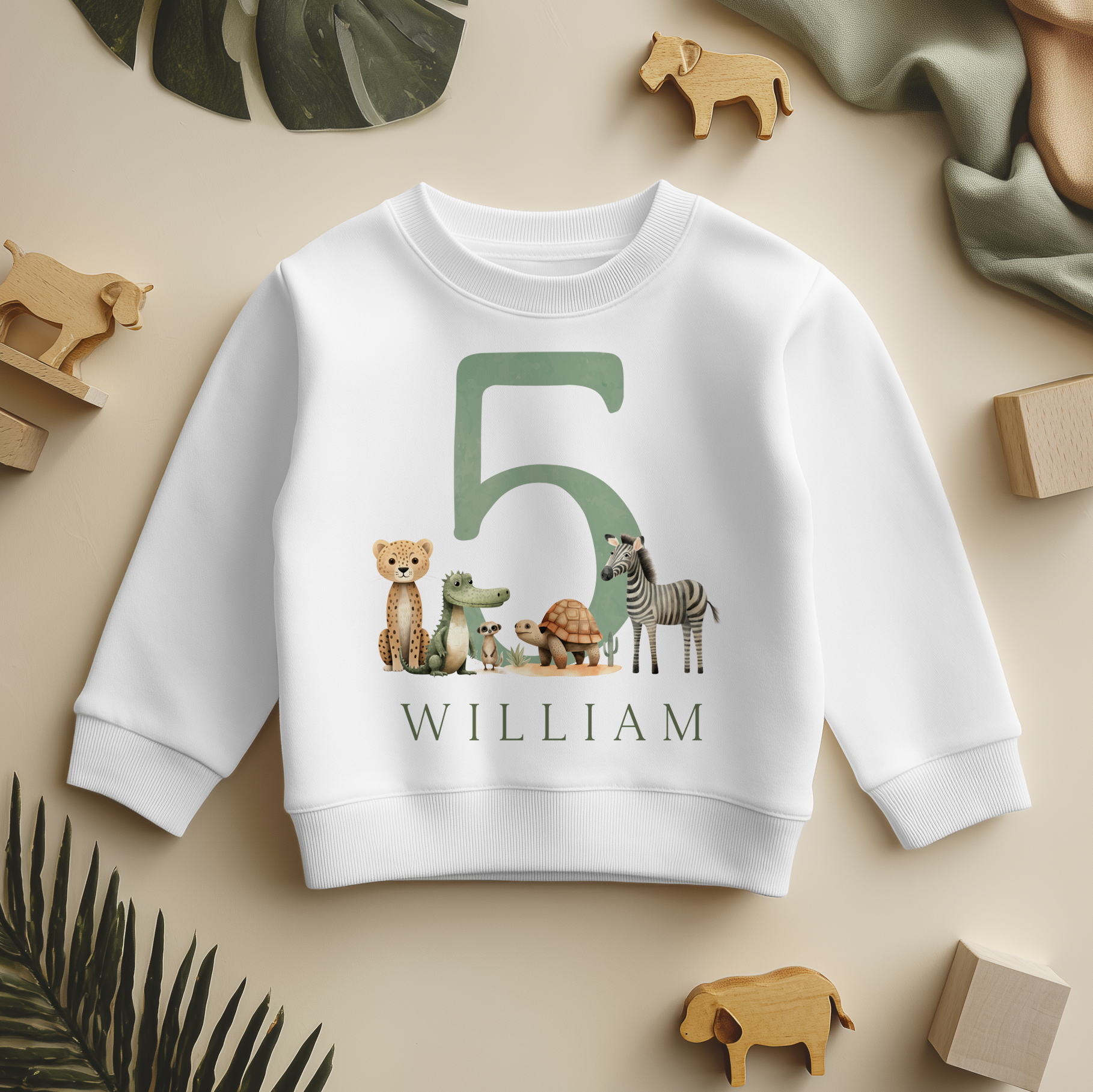 Personalised 5th Birthday Sage Green Safari Animals Sweatshirt for Kids
