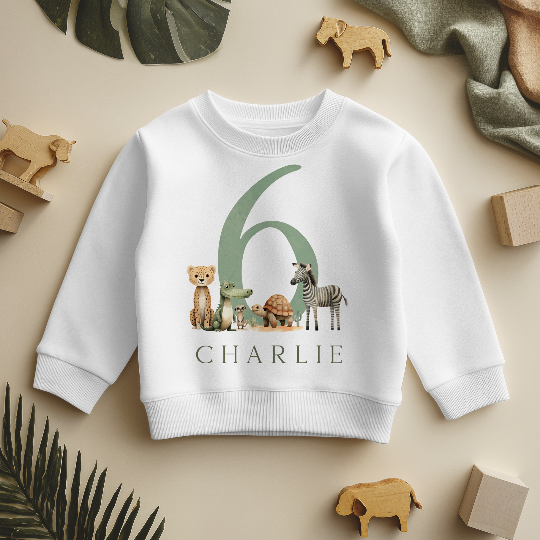 Personalised 6th Birthday Green Number 6 Safari Animals Sweatshirt for Kids