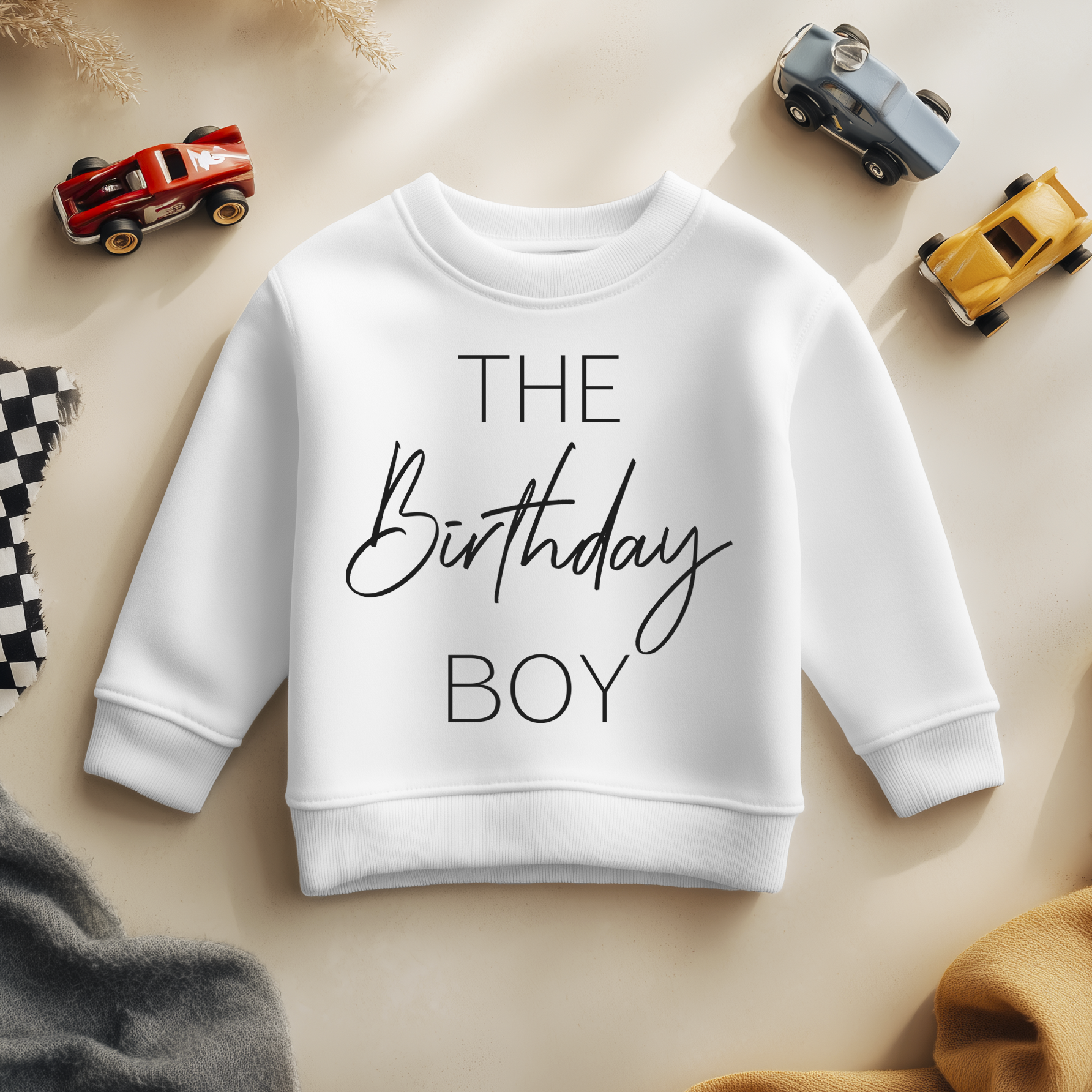 The Birthday Boy Kids Jumper Script Lettering Racing Cars Toy Vehicles for Toddler Gift